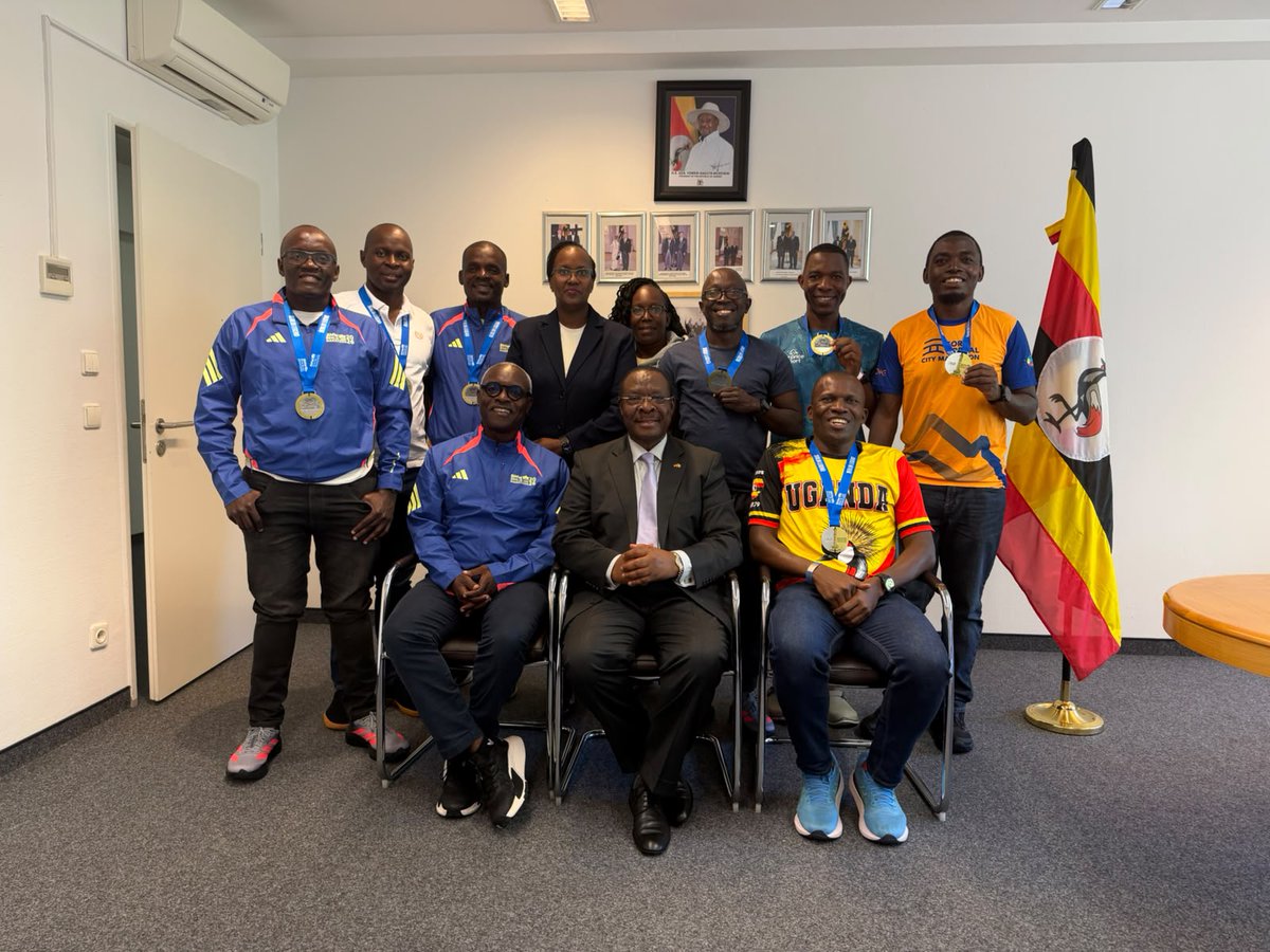 UgBerlinEmbassy's tweet photo. On invitation by Uganda's Ambassador to Berlin, H.E. Ambassador Stephen Mubiru, Ugandan runners who participated in the Berlin Marathon visited the Chancery of the Uganda Embassy in Berlin, where they were graciously hosted by Amb. Danny M. Ssozi, Deputy Head of Mission, and Amb. Jacqueline Wabyona Banana. The team of runners was led by Mr. Moses Rutahigwa and Mr. @rkabushenga.  In his welcome remarks, Ambassador Danny Ssozi congratulated the runners for having successfully participated in the Berlin Marathon and appreciated them for flying the Uganda flag high. He further pledged more support towards future events aimed at promoting Sports Diplomacy