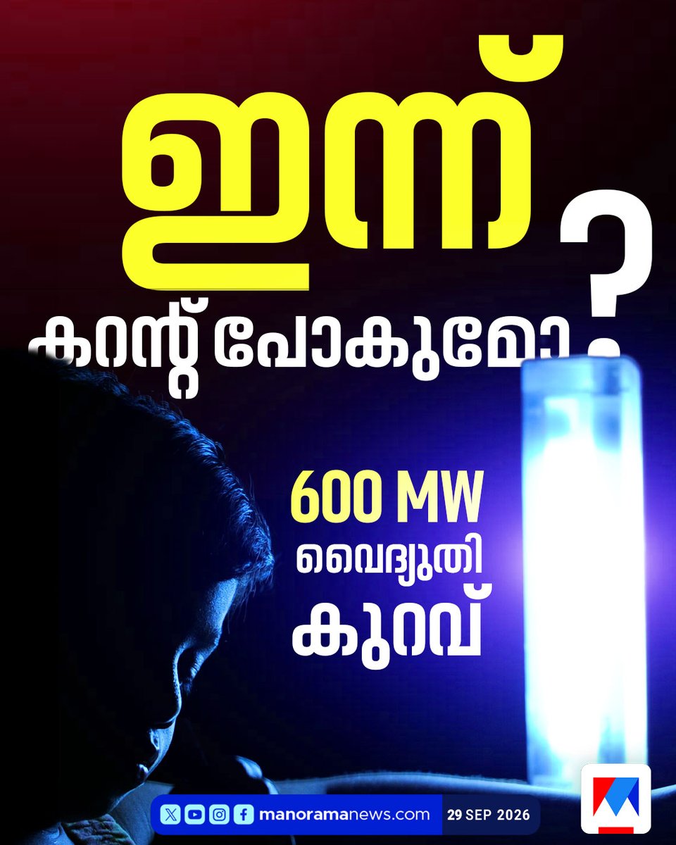 manoramanews's tweet photo. 600 മെഗാവാട്ടിന്റെ കുറവ്; ഇന്നും വൈദ്യുതി നിയന്ത്രണം വേണ്ടി വരും: കെഎസ്ഇബി...

 Read more at:  https://t.co/B1i4RzdSGr
#kseb #loadshedding #PowerShortage #keralagoverment https://t.co/Giku43U891