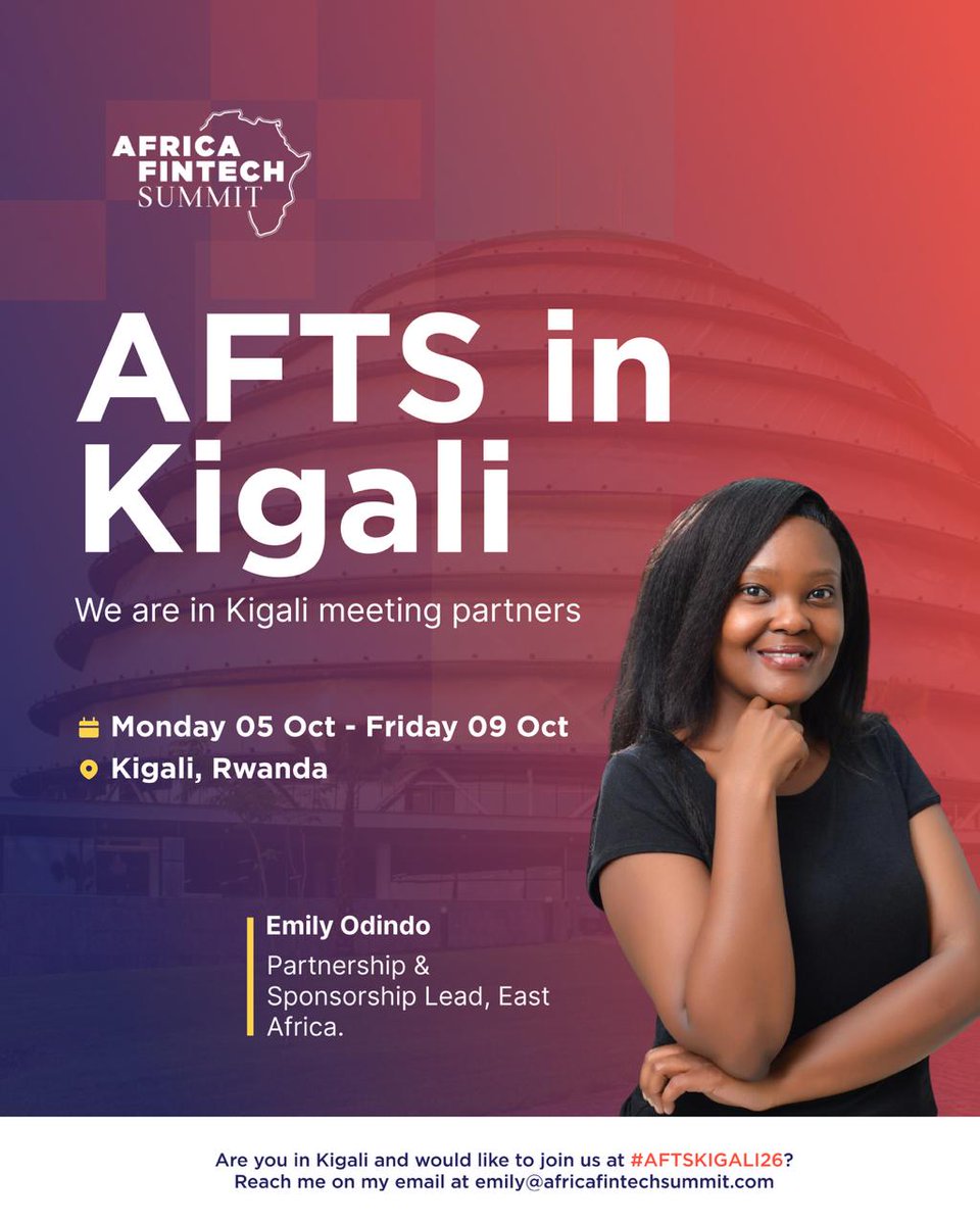 AfriFintech's tweet photo. AFTS is in Kigali next week. 🇷🇼

From 5–9 Oct, Emily Odindo will be meeting with Rwanda’s fintech ecosystem to discuss partnerships, sponsorships &amp; activations for #AFTSKIGALI26.

Want to get involved? Connect with Emily:
📩 emily@africafintechsummit.com

#AFTS #RwandaFintech https://t.co/wxlt7p0JVe