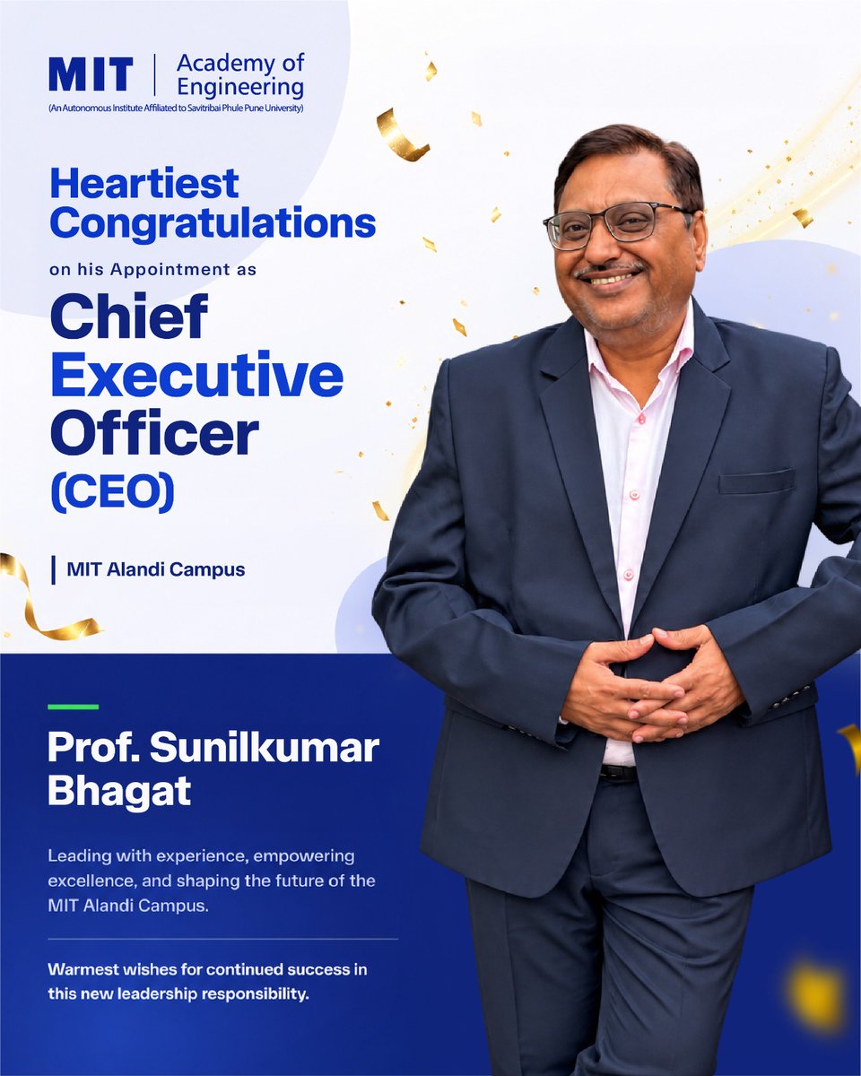MITAOE's tweet photo. 🎉Heartiest congratulations to Prof. Sunilkumar Bhagat on his appointment as the Chief Executive Officer (CEO) of the MIT Alandi Campus!

🌟 Congratulations, Sir, on your new role and this new responsibility! 🎊 https://t.co/jfPqvnjUGn