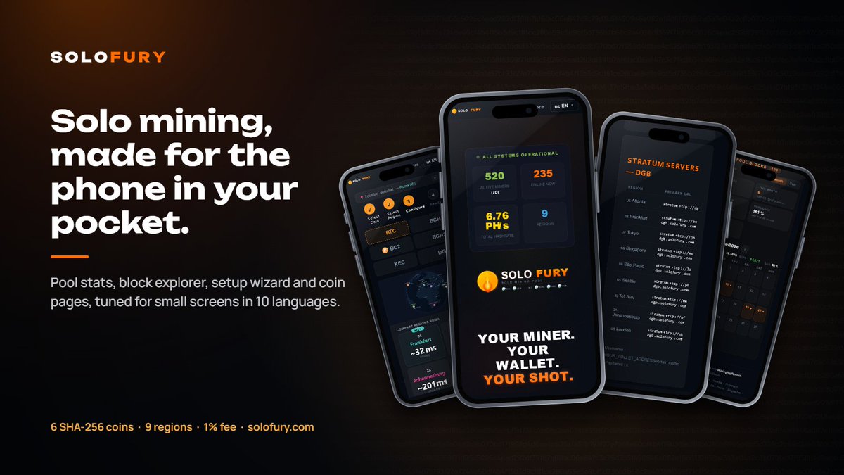 SoloFuryPool's tweet photo. SoloFury is now built for the phone in your pocket 📱

We went through every page of the site on a small screen, in all 10 languages, and fixed what didn't feel right. Wide tables now scroll instead of getting cut off, the coin picker fits on screen, and the pool calendar stays readable.

What you can check from your phone:
• Live pool stats and your own workers
• Block explorer for all 6 SHA-256 chains
• The setup wizard, with the right stratum URL for your nearest region
• Coin pages with every server, port and failover

📲 It also installs like an app. It opens full-screen, straight on your pool dashboard:
🤖 Android: open https://t.co/HptZhqnab5 in Chrome and tap "Install app"
🍏 iPhone: open it in Safari, tap Share, then "Add to Home Screen"
On Android, long-press the icon for shortcuts to Dashboard, Block Explorer and Calculator.

BTC · BCH · BC2 · BCH2 · XEC · DGB
9 regions, 1% fee, non-custodial, no registration.

https://t.co/HptZhqnab5

#SoloMining #Bitaxe #Bitcoin #HomeMining