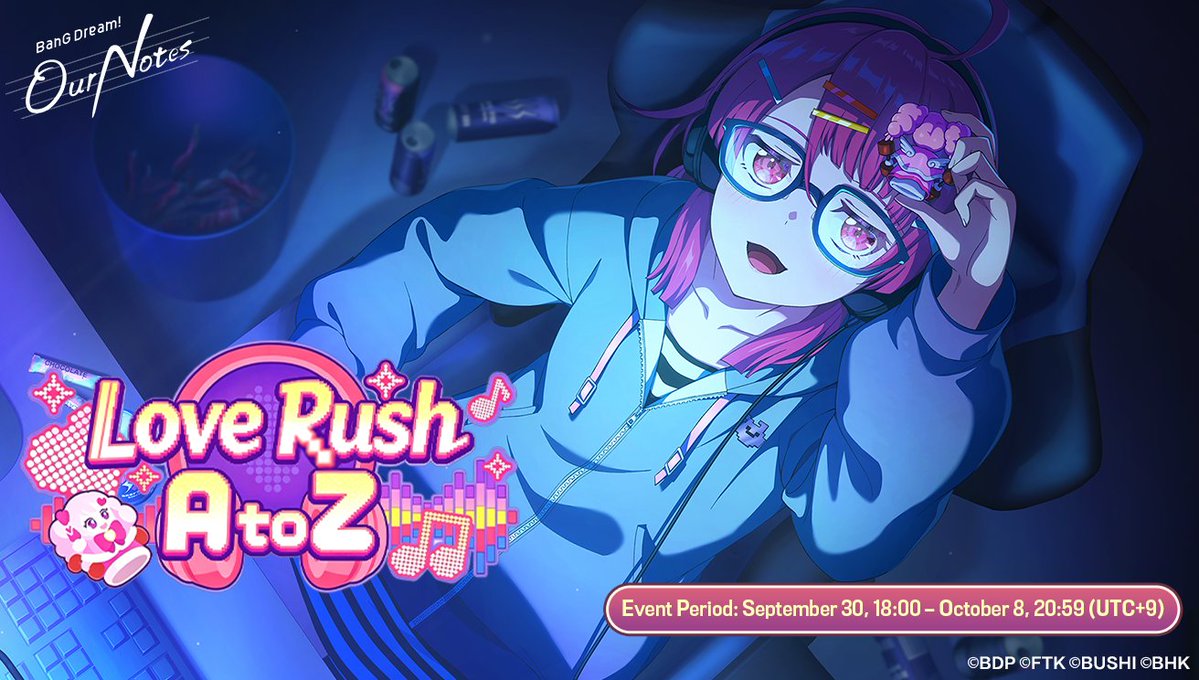 bangdreamon_EN's tweet photo. 🎉 Event Preview — "Love Rush A to Z"!

The Challenge LIVE Event "Love Rush A to Z" officially begins today at 18:00 (UTC+9)!

Mugendai MewType wastes no time preparing for their nationwide tour.
They hope to hit the road in high spirits, with a signature song ready to go!
But things aren't going quite as planned. Is Yuno having trouble writing the music...?

#BanGDream #OurNotes #OurNotesGlobalLaunch