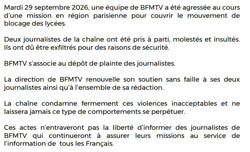 F_Desouche's tweet photo. Blocages de lycées en région parisienne : deux journalistes de BFMTV pris à partie, molestés et insultés ; exfiltrés pour leur sécurité, ils portent plainte

 https://t.co/DYvQRrydlx https://t.co/ihQqo7k5A5