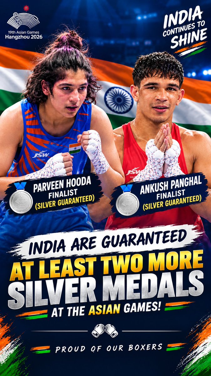 NARESH00004's tweet photo. India are guaranteed at least two more silver medals at the Asian Games!

Parveen Hooda and Ankush Panghal storm into their respective finals
#AsianGames2026 
#boxing https://t.co/wtV7ANUPSm