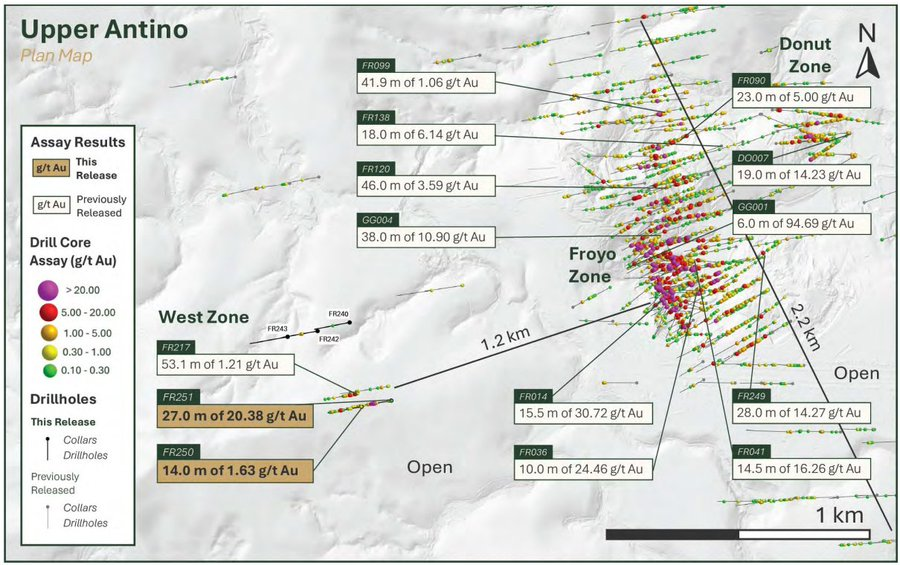 TheLastDegree's tweet photo. This step-out in question returned 27.0 m of 20.38 g/t gold, including an ultra high grade core of 10.0 m of 43.26 g/t😎

Located 1.2 km west of Upper Antino's Froyo zone, this confirms a brand new H/G discovery in an area that had never been drilled prior to this year

/2 https://t.co/l9byhRFBQg