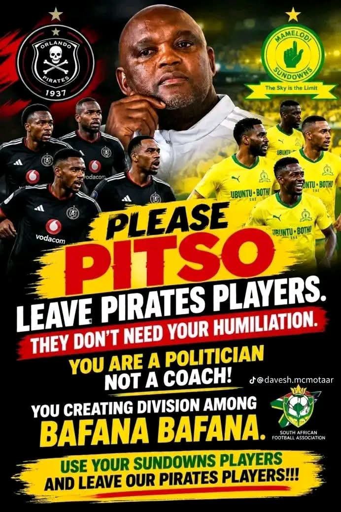 Matome_Kay's tweet photo. Pitso Mosimane called Orlando Pirates players to Bafana Bafana just to make them watch Mamelodi Sundowns past games because at Pirates they never make time to watch the biggest football-playing club in Africa... and Pirates fans are fuming. These are the same people who used to laugh at Kaizer Chiefs when Hugo Broos used to take swipe at our players.