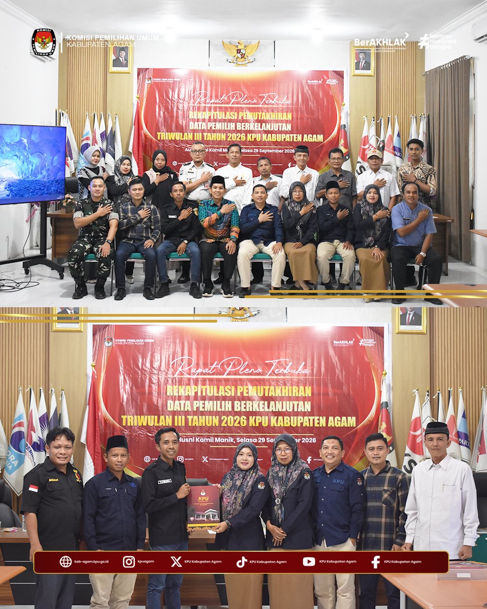 kpu_agam's tweet photo. #temanpemilih Komisi Pemilihan Umum (KPU) Kabupaten Agam melaksanakan Rapat Pleno Terbuka Rekapitulasi Pemutakhiran Data Pemilih Berkelanjutan (PDPB) Triwulan III Tahun 2026 di Aula Husni Kamil Manik Kantor KPU Kabupaten Agam, Selasa (29/09).
#kpumelayani
#kpuagam
#humaskpuagam https://t.co/eMTV0vwRTp