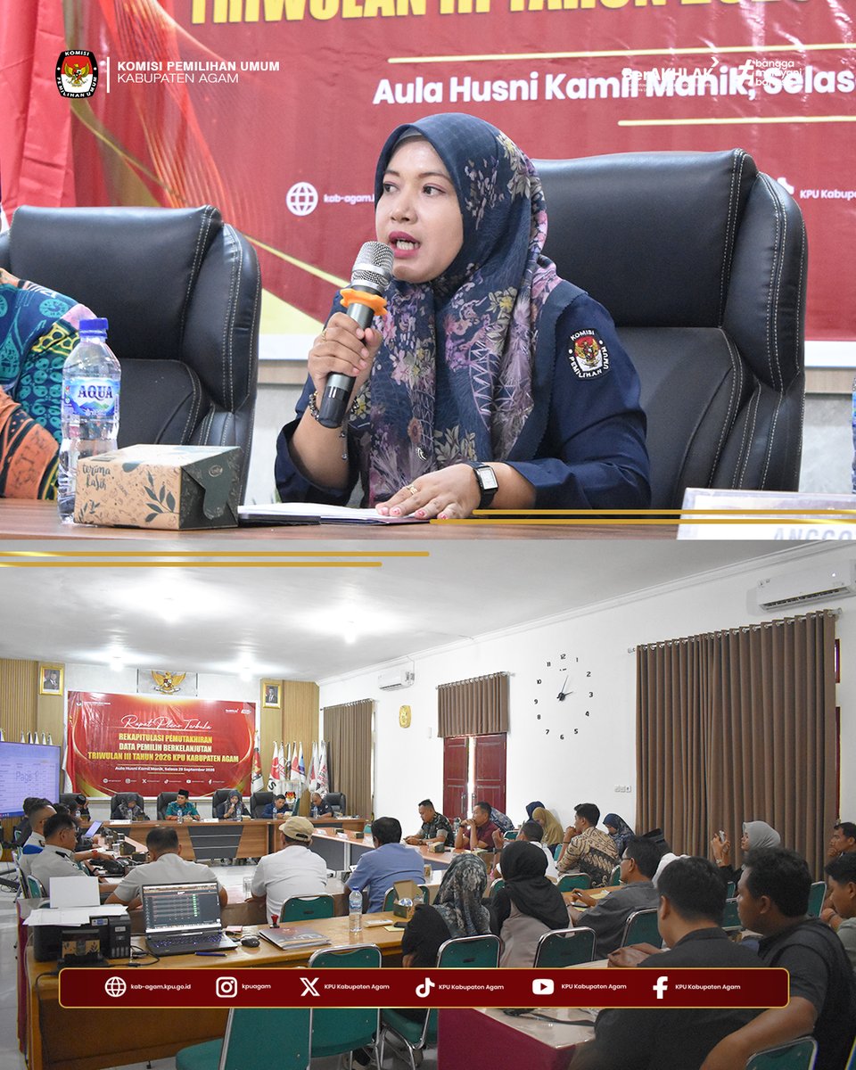 kpu_agam's tweet photo. #temanpemilih Komisi Pemilihan Umum (KPU) Kabupaten Agam melaksanakan Rapat Pleno Terbuka Rekapitulasi Pemutakhiran Data Pemilih Berkelanjutan (PDPB) Triwulan III Tahun 2026 di Aula Husni Kamil Manik Kantor KPU Kabupaten Agam, Selasa (29/09).
#kpumelayani
#kpuagam
#humaskpuagam https://t.co/eMTV0vwRTp