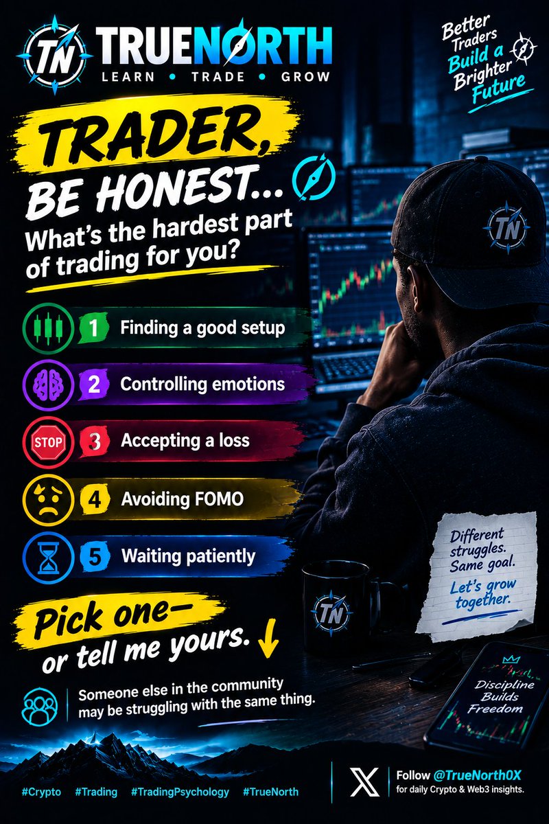 TrueNorth0X's tweet photo. Trader,be honest

What's the hardest part of trading for you?

📊 Finding a good setup
🧠 Controlling emotions
🛑 Accepting a loss
😰 Avoiding FOMO
⏳ Waiting patiently

Pick one or tell me yours.👇

Someone else in the community may be struggling with the same thing.

#TrueNorth https://t.co/5lScIuu585