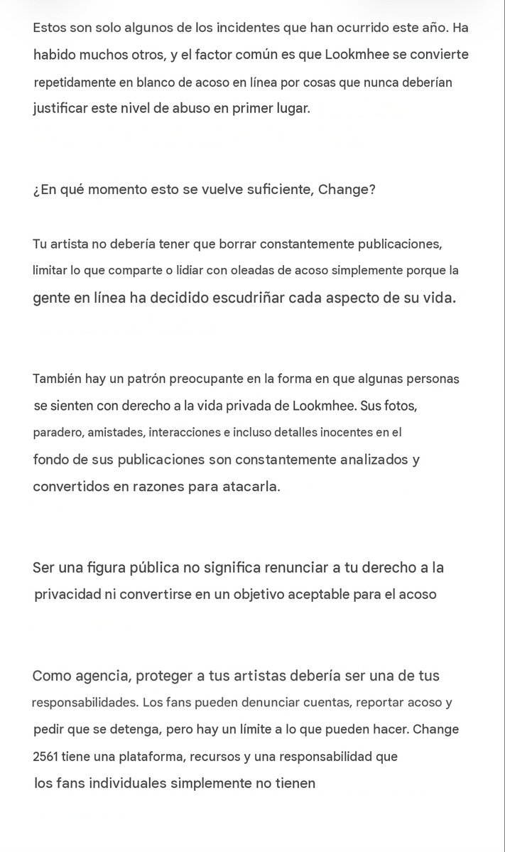 RosaMNarbona's tweet photo. Comparto la traducción al español de una carta dirigida a @CHANGE2561 @CHANGEARTIST_ 
Ojalá esta situación pueda abordarse de manera constructiva, pensando siempre en el bienestar y la protección de Lookmhee. 

🙏🏻 @LuvTerak  Thank you for all. https://t.co/C39V1ldkGe