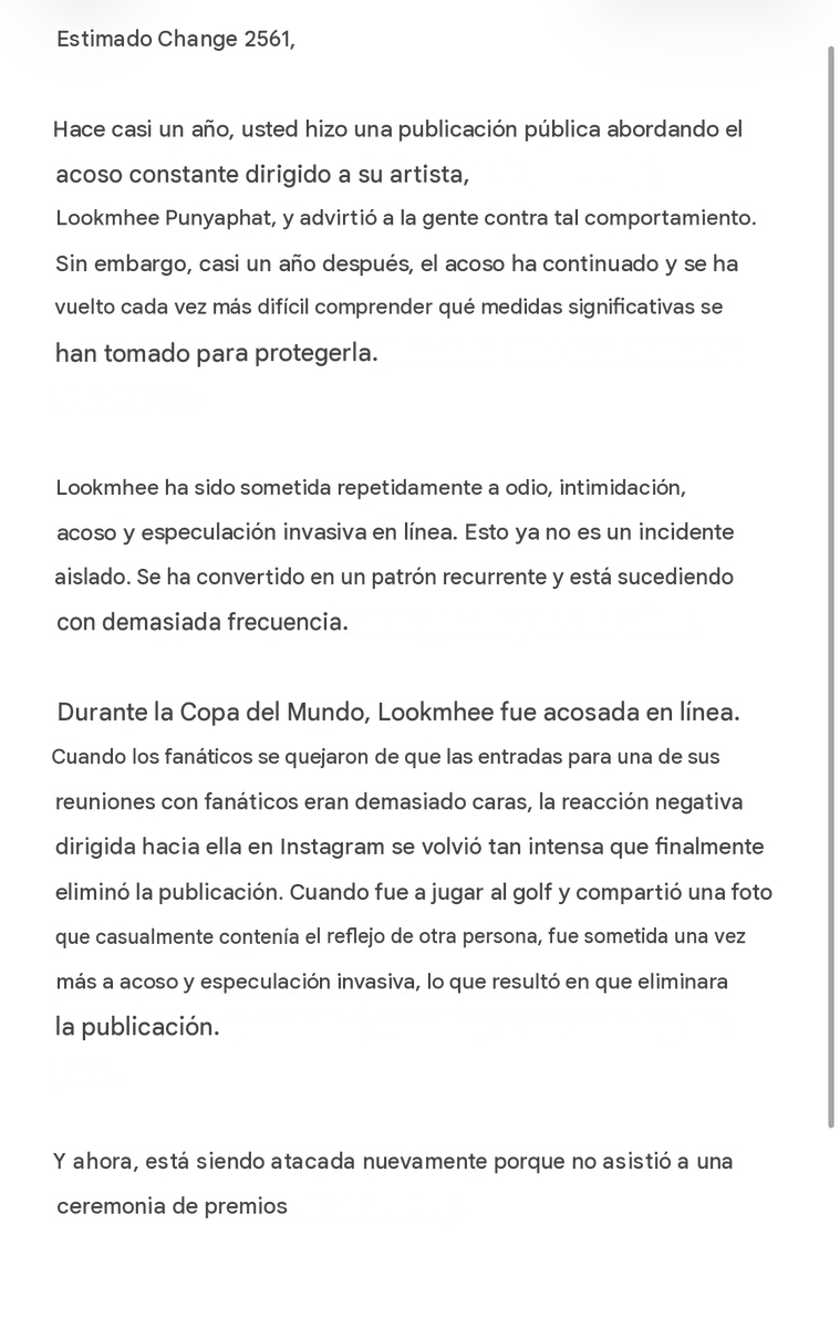 RosaMNarbona's tweet photo. Comparto la traducción al español de una carta dirigida a @CHANGE2561 @CHANGEARTIST_ 
Ojalá esta situación pueda abordarse de manera constructiva, pensando siempre en el bienestar y la protección de Lookmhee. 

🙏🏻 @LuvTerak  Thank you for all. https://t.co/C39V1ldkGe