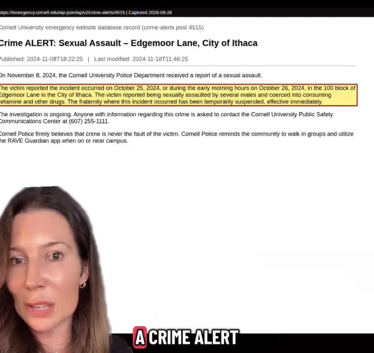 SassySouthBlond's tweet photo. Men honestly all over X excuse gang rape. 
Why would Cornell put out a crime alert about a rape and forced drug use if none occurred and the victim said it was consensual. 

Thats right. She never said that. Maybe get the facts straight. It was campus police or the DA throwing out lies. 

Men today honestly will believe anything to excuse rape. https://t.co/Ba3ZrfV9Pm