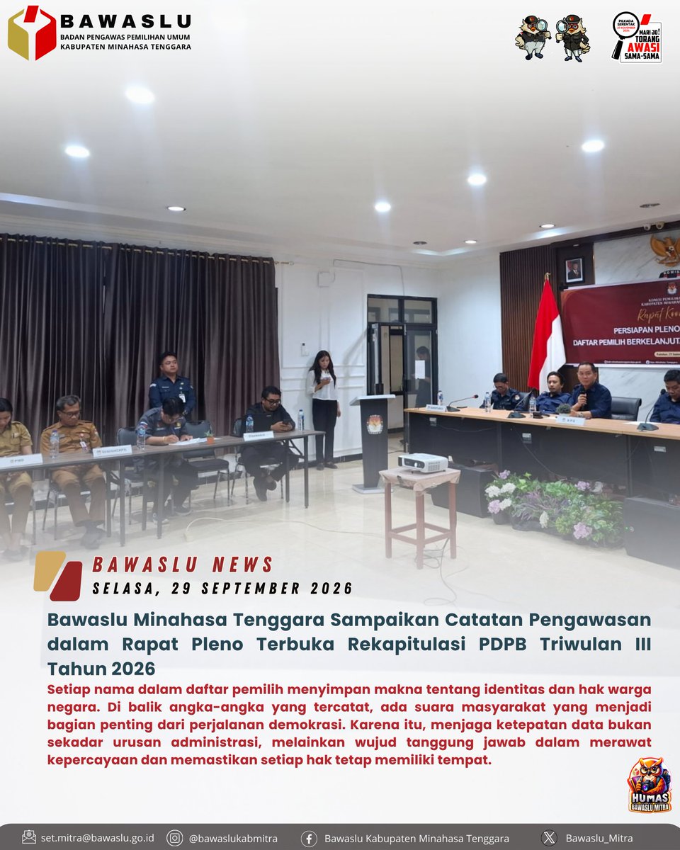 Bawaslu_mitra's tweet photo. Bawaslu Kabupaten Minahasa Tenggara pada Rapat Pleno (PDPB) Triwulan III Tahun 2026 yang diselenggarakan KPU Kabupaten Minahasa Tenggara, Selasa, 29 September 2026, bertempat di Aula Kantor KPU Kabupaten Minahasa Tenggara.

Selengkapnya : https://t.co/p7klA6mApo

#PDPB https://t.co/q0PtJhL2ZD