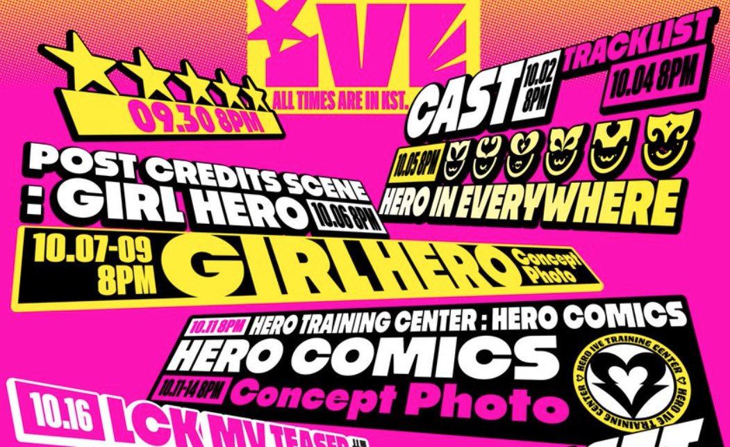 seorificava's tweet photo. So i'm guessing CAST will be short teasers for each member revealing their superhero persona with HERO IN EVERYWHERE as an ot6 teaser?

then 6th and 9th are the album trailer &amp; concept photos

but HERO COMICS tho?? is there a chance of getting hand-drawn ive comics I HAVE TO KNOW https://t.co/qDdZVai9S3