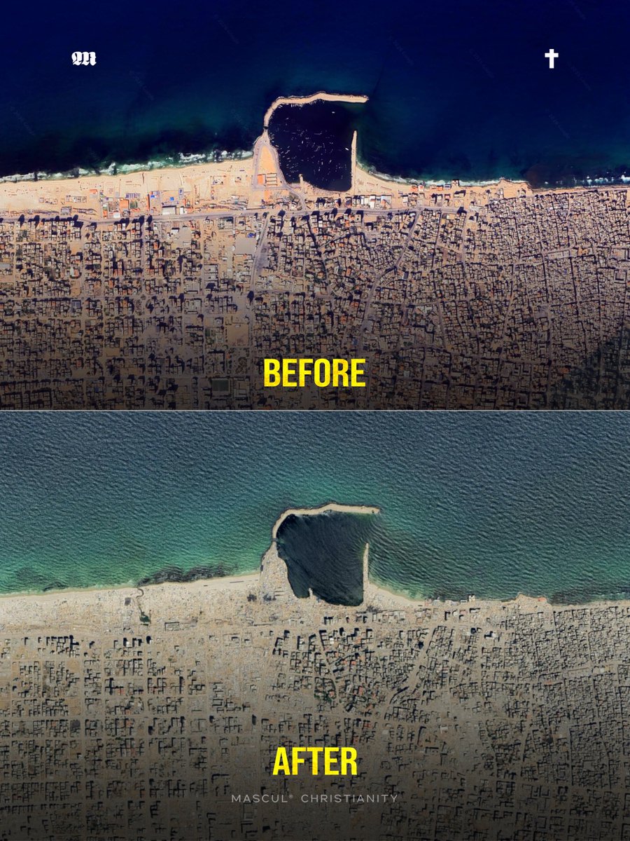 masculchristian's tweet photo. New Google satellite images reveal the absolute shocking scale of destruction across Gaza, where around 82% of all structures have been damaged. More than 73,000 Palestinians had been reported killed by June 2026, according to UNRWA figures citing Gaza’s Ministry of Health. https://t.co/9lmFmKN7WD