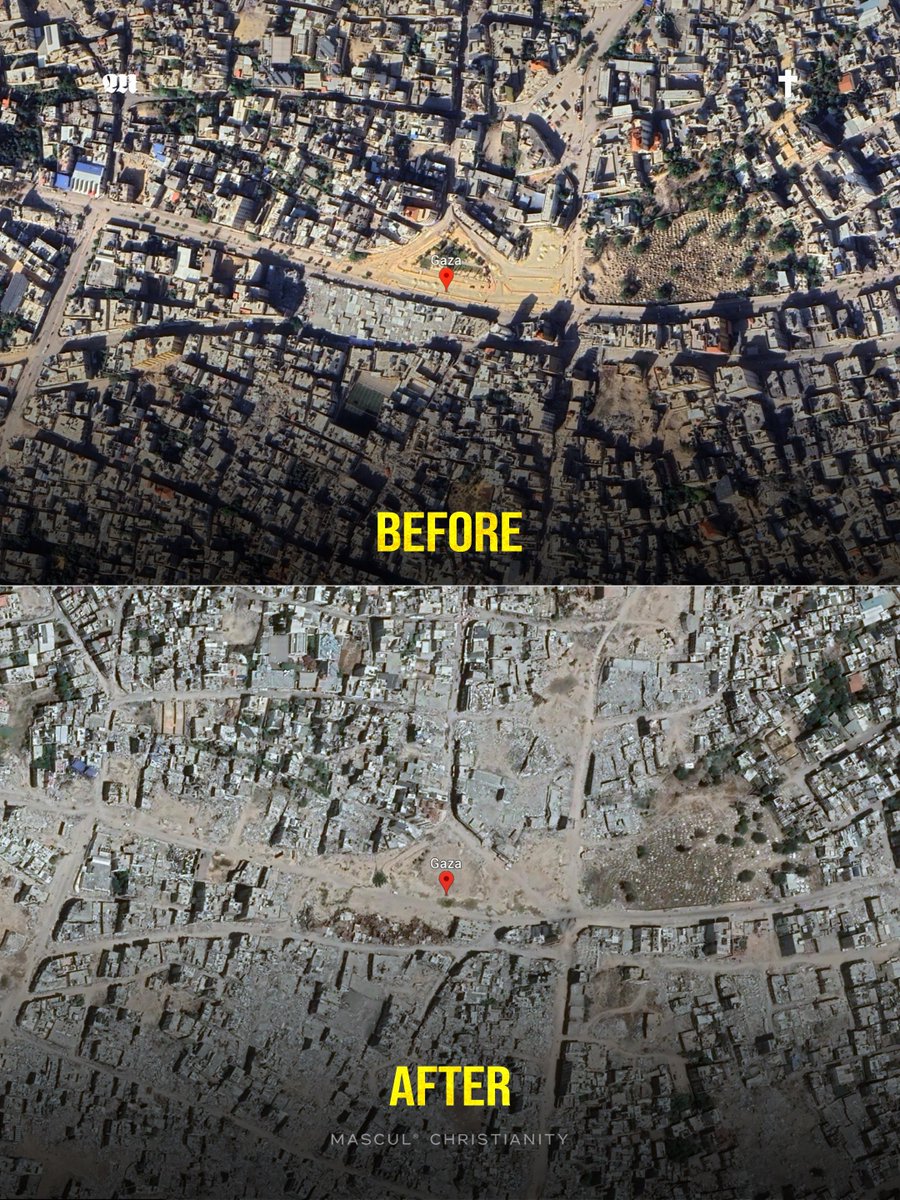 masculchristian's tweet photo. New Google satellite images reveal the absolute shocking scale of destruction across Gaza, where around 82% of all structures have been damaged. More than 73,000 Palestinians had been reported killed by June 2026, according to UNRWA figures citing Gaza’s Ministry of Health. https://t.co/9lmFmKN7WD