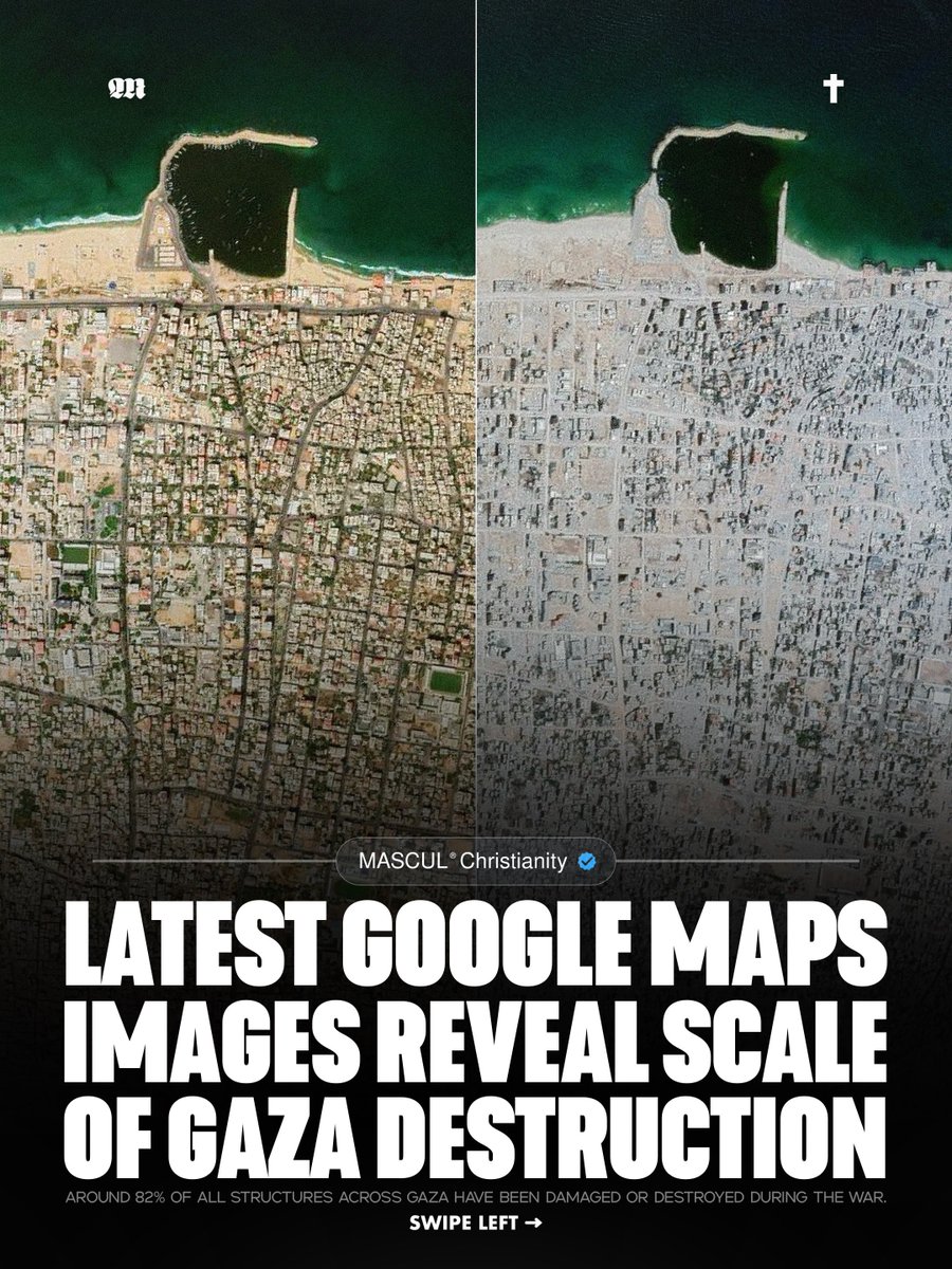 masculchristian's tweet photo. New Google satellite images reveal the absolute shocking scale of destruction across Gaza, where around 82% of all structures have been damaged. More than 73,000 Palestinians had been reported killed by June 2026, according to UNRWA figures citing Gaza’s Ministry of Health. https://t.co/9lmFmKN7WD