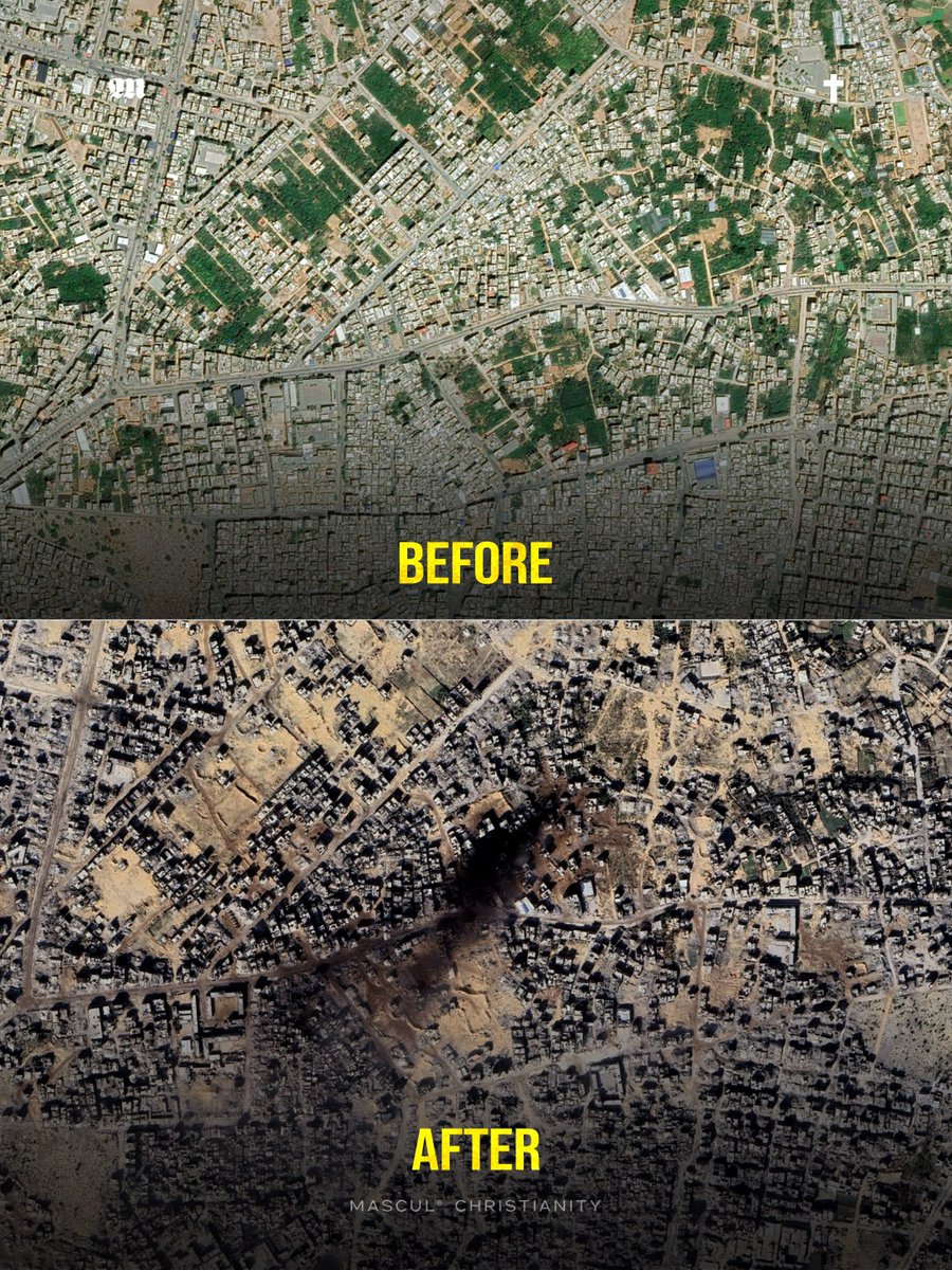 masculchristian's tweet photo. New Google satellite images reveal the absolute shocking scale of destruction across Gaza, where around 82% of all structures have been damaged. More than 73,000 Palestinians had been reported killed by June 2026, according to UNRWA figures citing Gaza’s Ministry of Health. https://t.co/9lmFmKN7WD