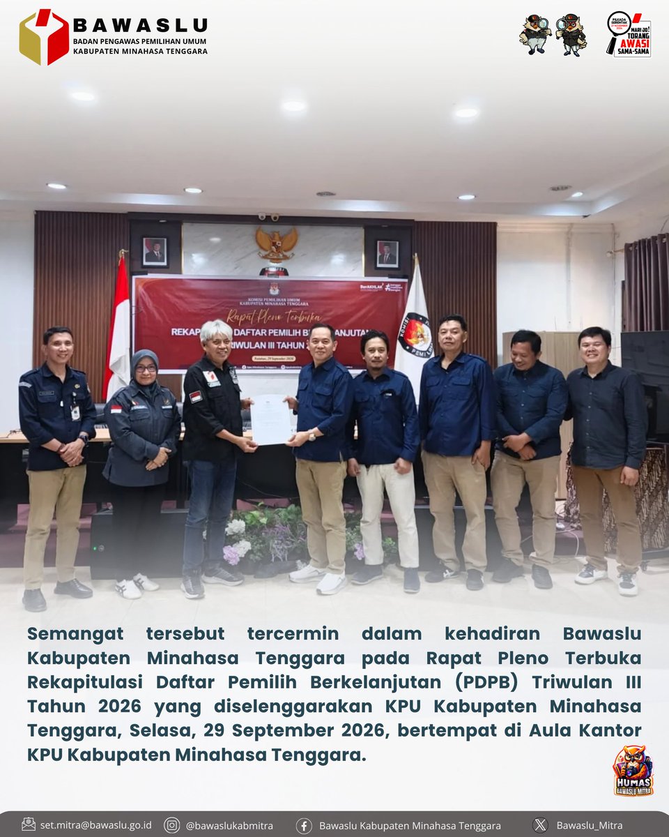Bawaslu_mitra's tweet photo. Bawaslu Kabupaten Minahasa Tenggara pada Rapat Pleno (PDPB) Triwulan III Tahun 2026 yang diselenggarakan KPU Kabupaten Minahasa Tenggara, Selasa, 29 September 2026, bertempat di Aula Kantor KPU Kabupaten Minahasa Tenggara.

Selengkapnya : https://t.co/p7klA6mApo

#PDPB https://t.co/q0PtJhL2ZD