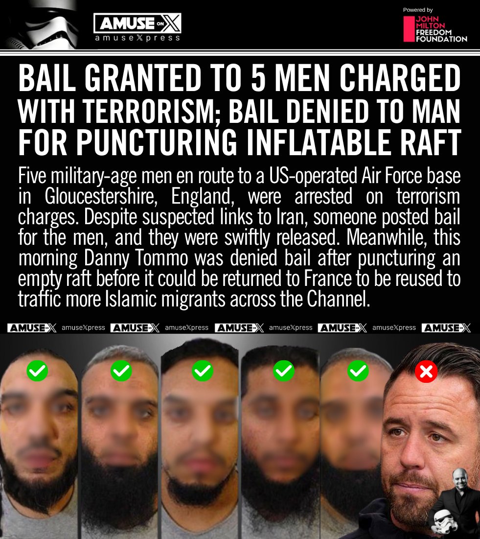 amuse's tweet photo. UK: Danny Tommo watched as a boatload of Islamic migrants were illegally dropped off in England and decided to puncture the inflatable boat so it could not be used again. He was arrested, and today he was denied bail. Meanwhile, five military-age men headed to a US-operated military base were arrested for terrorism and were almost immediately released on bail. Literal suicidal empathy.