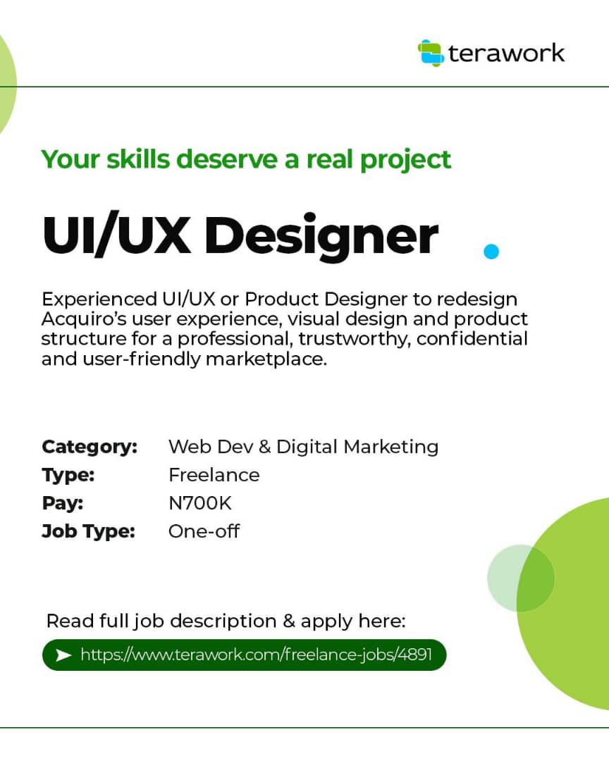 amosuibk's tweet photo. UI/UX Designer Needed to Redesign a Business Acquisition Marketplace 

Budget: ₦700,000

https://t.co/e6HYkxqgOk https://t.co/N0WQqvQ5UE