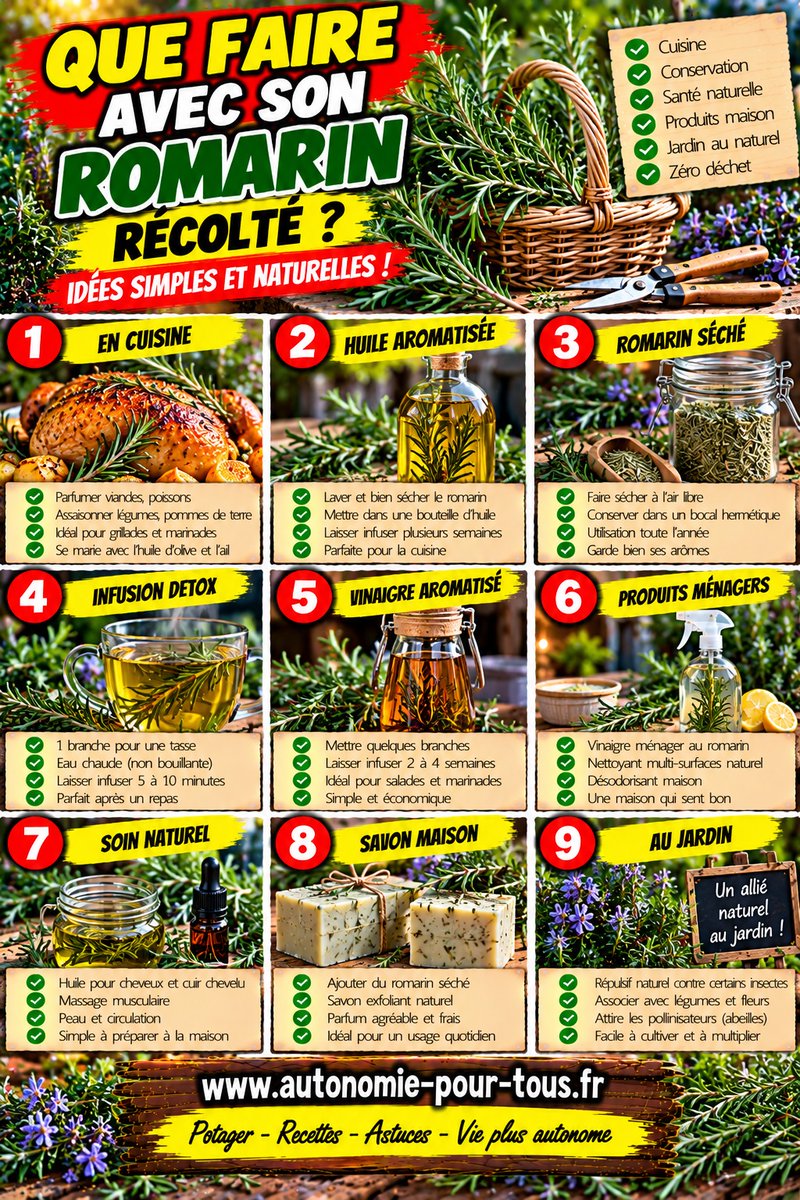 AutonomieReel's tweet photo. #Romarin #Récolte #Autonomie 🌿 Que faire avec une belle récolte de romarin ? Huile aromatisée, vinaigre, romarin séché, infusion ou recettes maison : quelques branches peuvent être utilisées de multiples façons. Bien séché et conservé dans un récipient hermétique, le romarin garde longtemps ses arômes pour accompagner les plats de l’hiver. https://t.co/XccolBb1VB
