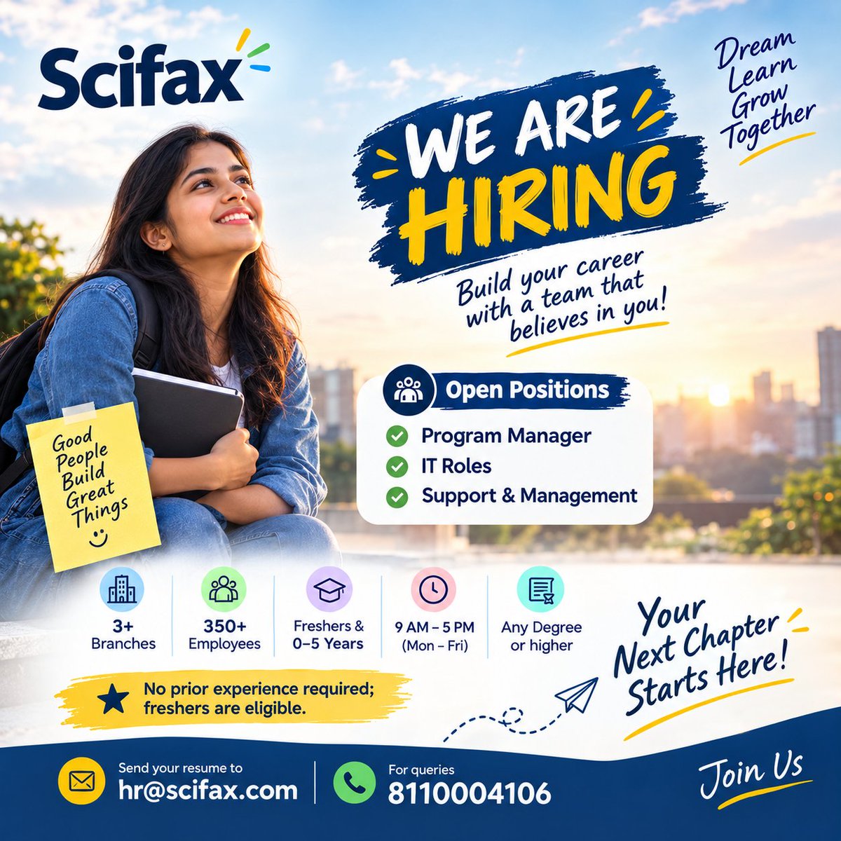 Scifaxoffice's tweet photo. We’re Hiring – Program Manager at Scifax! 💼

👨‍💼 Role: Program Manager
📍 Locations: Multiple Branches
🕘 Work Hours: 9:00 AM – 5:00 PM
🌟 Eligibility: Freshers &amp; Experienced (0–5 Years)

📧 Send your CV to: hr@scifax.com
📞 Phone: +91 81100 04106

✨ Apply Today https://t.co/bpmOg14TcQ