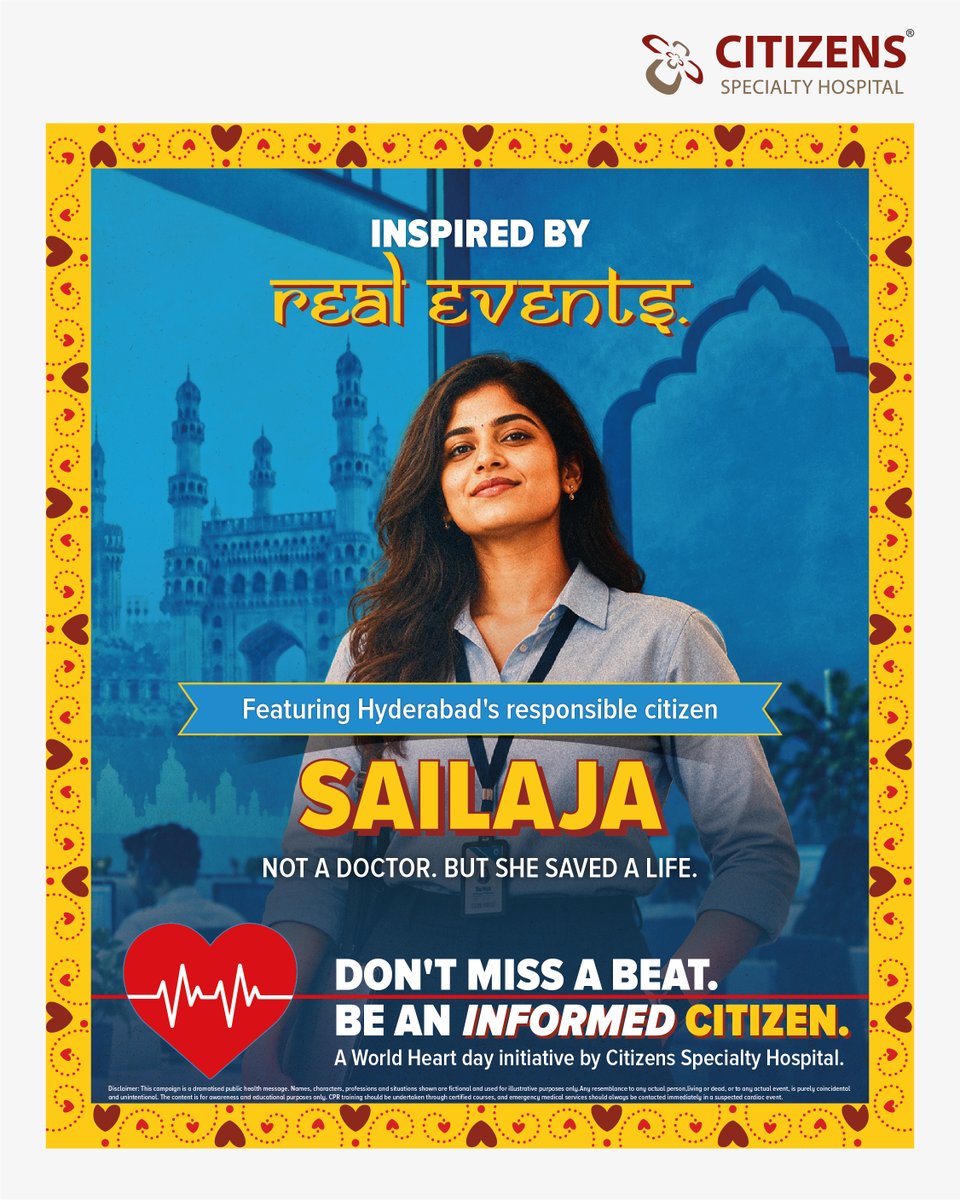 Citizenshyd's tweet photo. When Sailaja found herself in an unexpected emergency, she didn't wait for someone else to act. She stepped up when it mattered.

Explore the full story:
https://t.co/pqpzQRM1kB

#WorldHeartDay #DontMissABeat #TrainedCitizen #CPR #CPRTraining #HeartHealth https://t.co/MeFnStTOT3