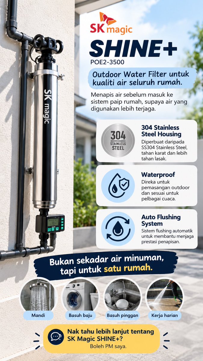 fzra__'s tweet photo. Air yang kita guna setiap hari bukan air minum sahaja.

🚿 Mandi
👕 Basuh baju
🍽️ Basuh pinggan
🧼 Bersihkan rumah

Sebab itu penjagaan air seluruh rumah pun penting.

SK Magic SHINE+
SS304 Stainless Steel + Waterproof + Auto Flushing 💧 https://t.co/u8V9L2PCCj