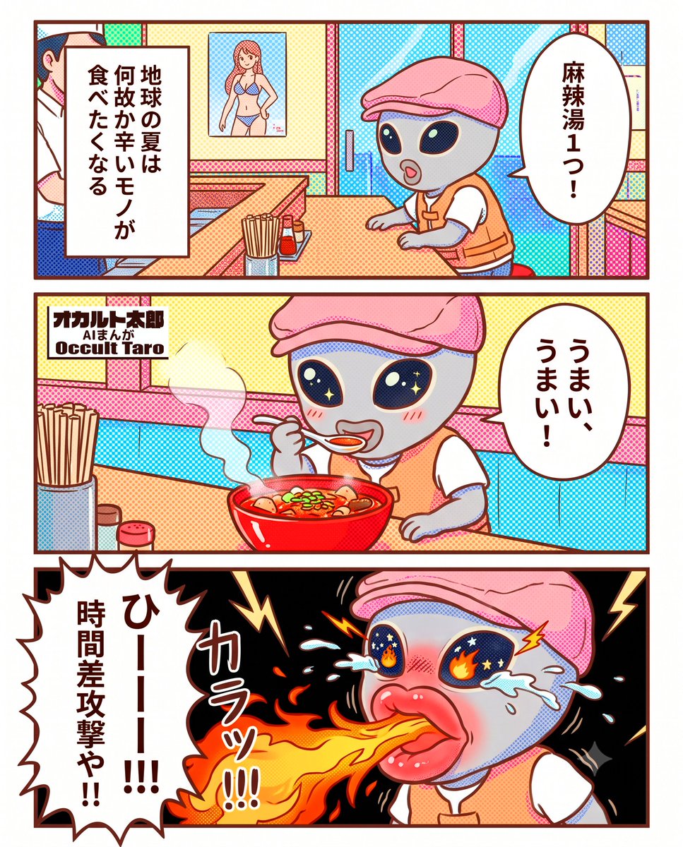 TokyoUnreal's tweet photo. 初めての麻辣湯  
AIまんが「オカルト太郎」
#漫画が読めるハッシュタグ 
#４コマ漫画 
#サブカル
あなたの周りの「あるある」エピソードを教えてください。 https://t.co/HQjm4h5Bi7