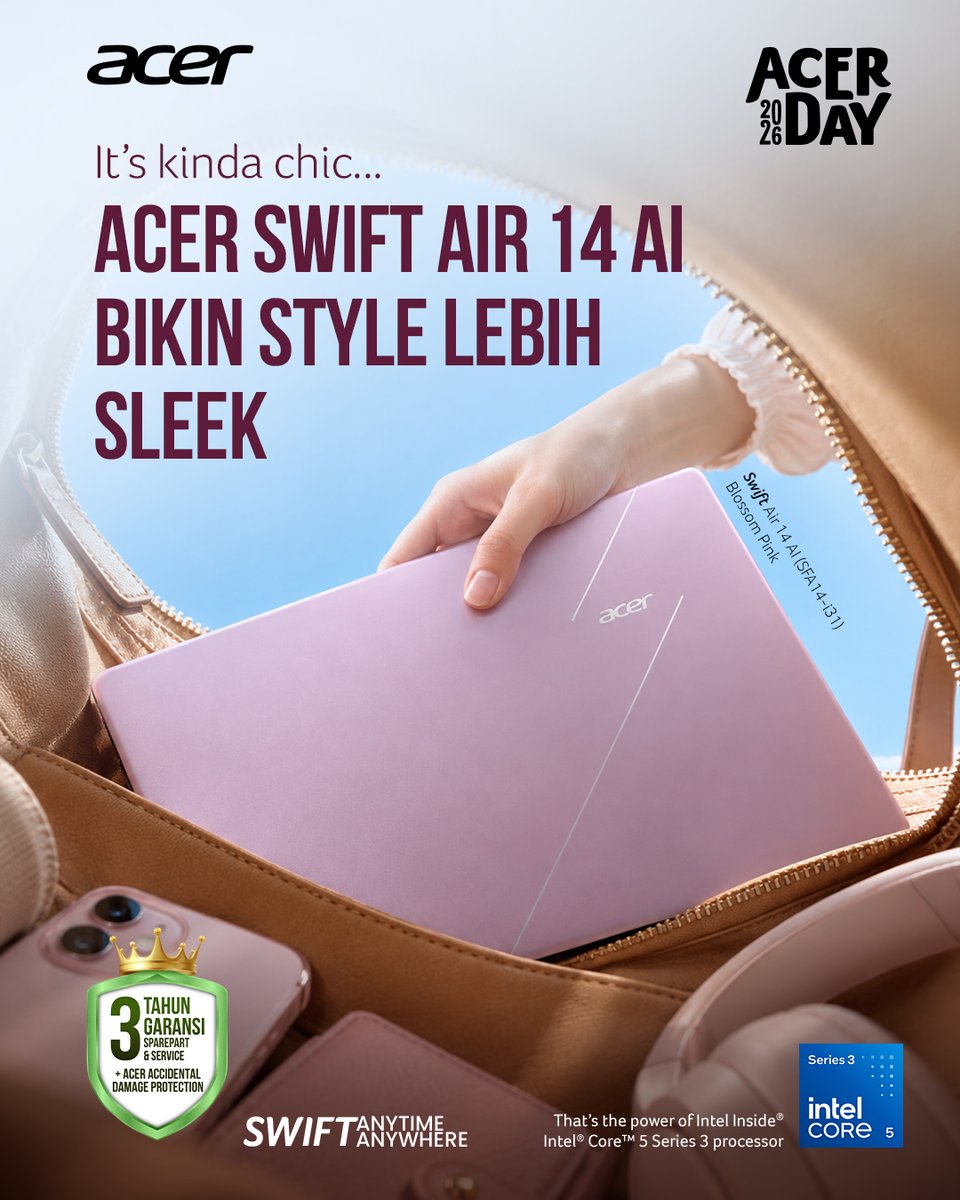 acerID's tweet photo. It’s kinda chic right? Style tetap sleek, bawaan tetap light. ✨

Swift Air 14 AI hadir dengan desain stylish &amp; bobot seringan 1,1 kg, siap nemenin kamu dari meeting sampai deadline.

#SwiftAir14AI #AcerID #AcerSwift #SwiftAnytimeAnywhere https://t.co/3sx03bnI3b