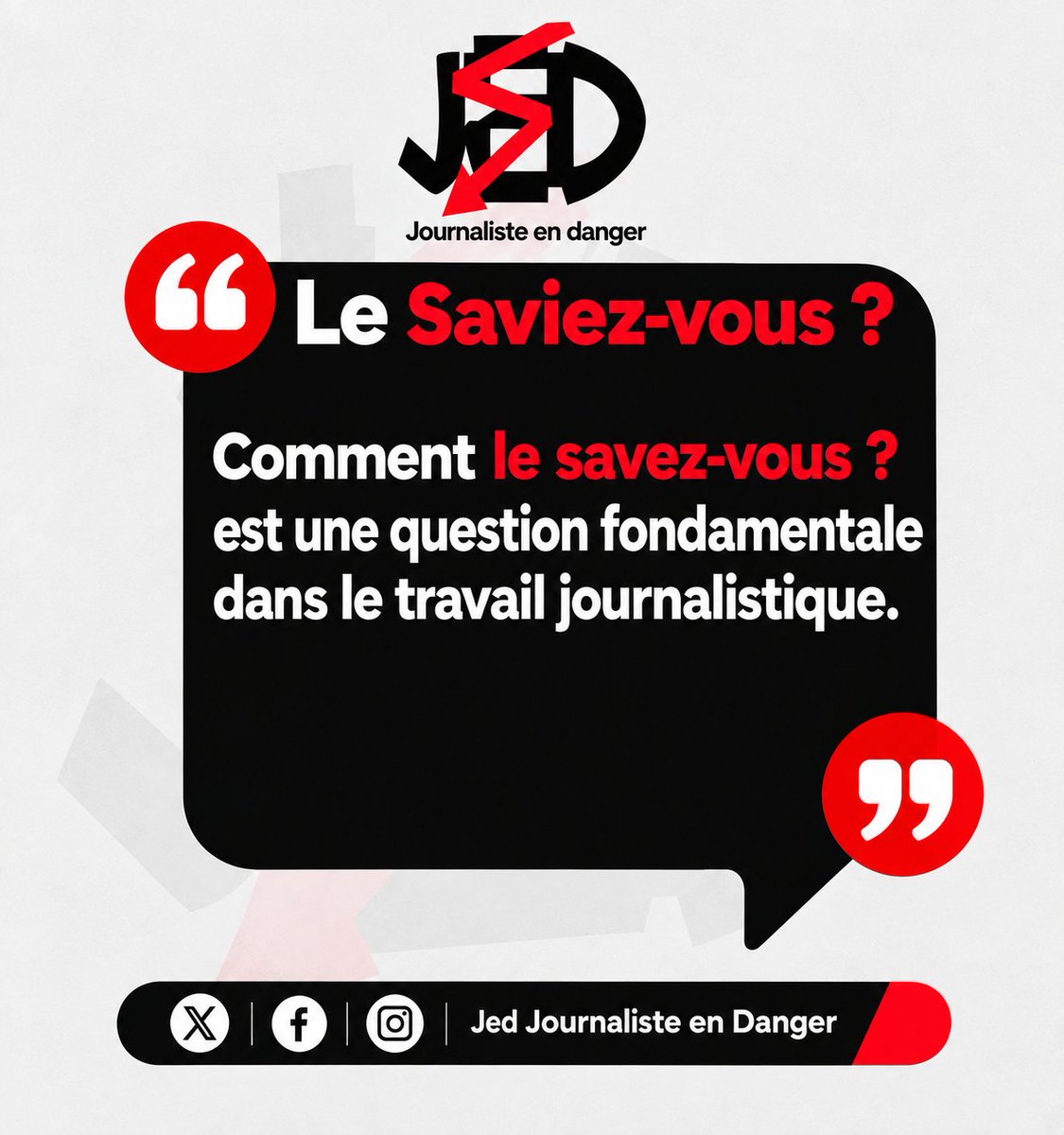 Jedafrique's tweet photo. Dans le travail journalistique, savoir poser les bonnes questions est essentiel pour mieux informer et comprendre les faits. 🎙️
#JED #Journalisme #LeSaviezVous #JournalistesEnDanger #RDC https://t.co/oeolvbz7Tu