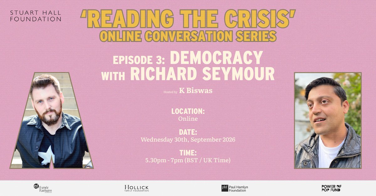 StuartHallFdn's tweet photo. Our next conversation in this year's Reading the Crisis series features Richard Seymour (@leninology) discussing his book Disaster Nationalism (@VersoBooks) and democracy with @BizK1.

 📆 Weds 30 September
🕠 5.30pm - 7pm BST
📍 Online

Register here:
https://t.co/ZOIXVM6KTM https://t.co/1KVo2rmCB5