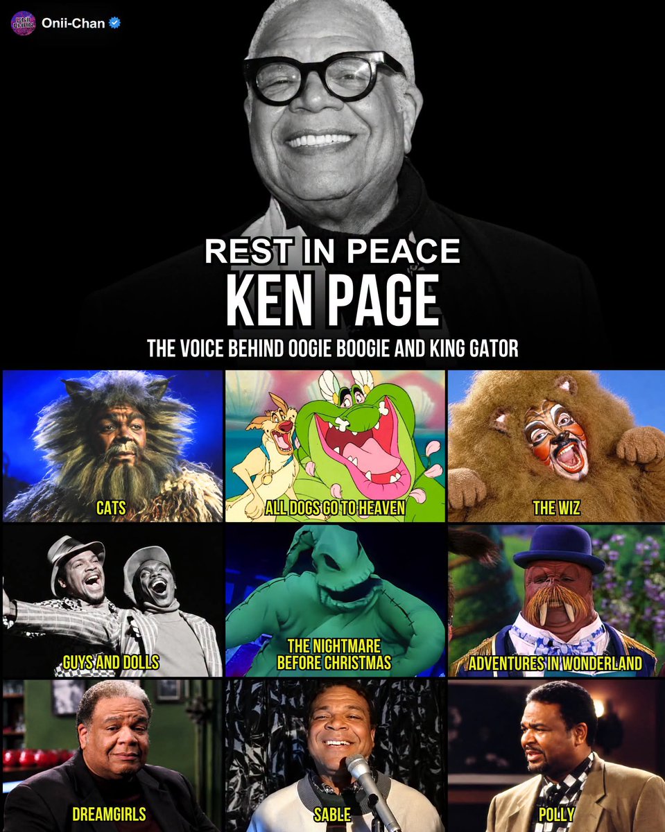 oniichanph's tweet photo. Nightmare Before Christmas and All Dogs Go to Heaven Star, Ken Page Passed Away Two Years Ago Today at 70 Years Old 😔

Remembering a true legend 🕊

Ken Page built a remarkable career around one of entertainment’s most recognizable baritone voices, moving between Broadway, animation, film, television, and cabaret.

He appeared as the Lion in The Wiz, played Nicely-Nicely Johnson in Guys and Dolls, joined the original company of Ain’t Misbehavin’, and originated Old Deuteronomy in Cats on Broadway. Outside the stage, his voice found an entirely different audience as Oogie Boogie in The Nightmare Before Christmas and King Gator in All Dogs Go to Heaven.

Some of his memorable roles include:
• Old Deuteronomy (Cats) 
• Oogie Boogie (The Nightmare Before Christmas) 
• The Lion (The Wiz) 
• Ken (Ain’t Misbehavin’) 
• Nicely-Nicely Johnson (Guys and Dolls) 
• King Gator (All Dogs Go to Heaven) 
• Murray (Torch Song Trilogy)
• Max Washington (Dreamgirls)
• Oogie Boogie (Kingdom Hearts Franchise) 

From Broadway showstoppers to one of animation’s most distinctive villains, Page brought warmth, humor, theatricality, and an unmistakable voice to every corner of his career.

Two years after his passing, Ken Page continues to be remembered through Cats, The Wiz, Ain’t Misbehavin’, and the unforgettable voice that made Oogie Boogie entirely his own. 🎃🎙️
