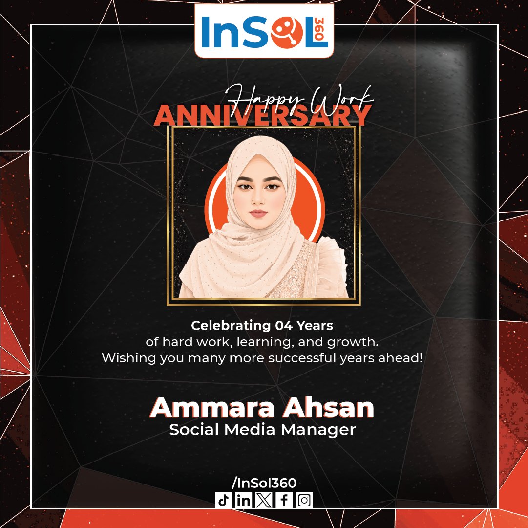 InSol360's tweet photo. Happy 4th work anniversary, Ammara Ahsan! Thank you for your dedication to this team. Here's to the next chapter.

#workanniversary #teamappreciation #videomarketing #lifeatinsol360 #InSol360 https://t.co/ZFVNtzgRoT