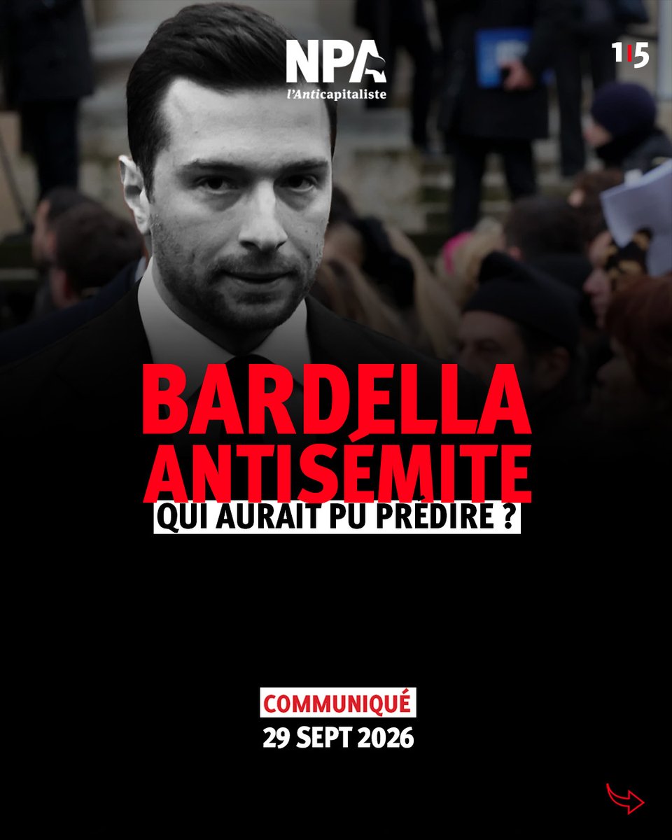 NPA_antica's tweet photo. Bardella antisémite : cela n’est une surprise que pour celles et ceux qui ont voulu donner du crédit à la politique de dédiabolisation du RN.
Communiqué 
1/5 ⤵️ https://t.co/GDjktM8oLD