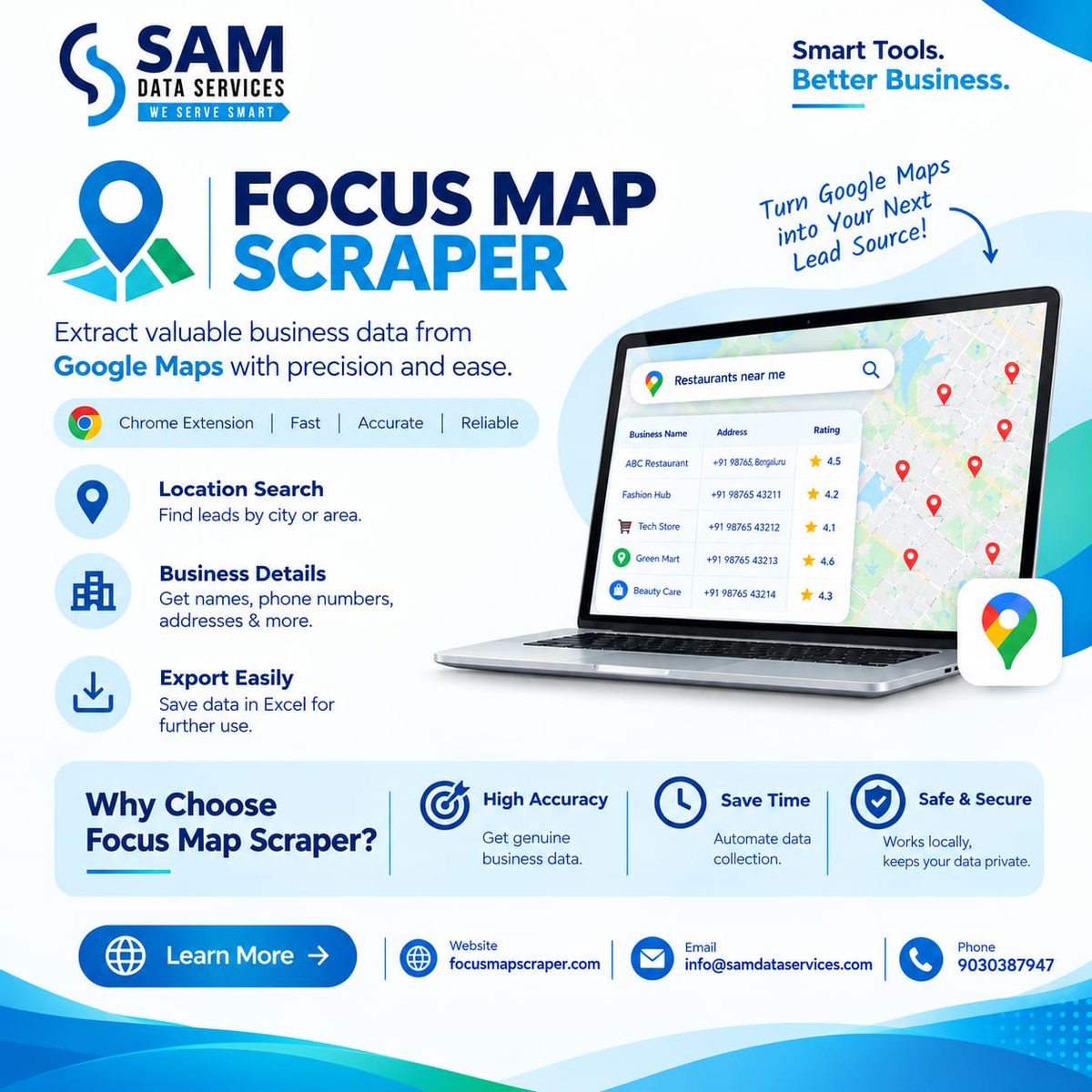 SamDataServices's tweet photo. Turn Google Maps into business leads. Focus Map Scraper helps you find businesses by keyword &amp; location and export data to Excel.

Learn more: https://t.co/RqJWQAaQRX

#LeadGeneration #GoogleMapsData #BusinessLeads #DataTools #SamDataServices https://t.co/KkhAkLoG7t