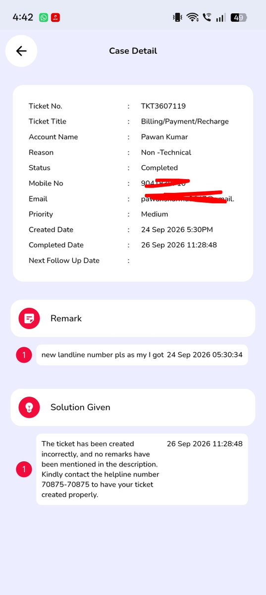 Saksham0069's tweet photo. What is thisid1000614468 @netplusofficial when I said pls give me new landline number as it doesn't show my name u siad contact customer support and when i raise with bothagent and myself it automatically closes my saying ticket incorrect with no remarks when ieven leave a remark https://t.co/WKVr8jUQC3