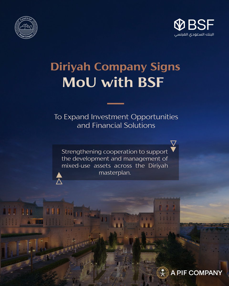 DiriyahCo's tweet photo. #DiriyahCompany and BSF are advancing collaboration to offer private banking clients exclusive real estate opportunities, integrated investment packages, and tailored Shariah-compliant financing solutions. https://t.co/j1Ibd5AN1m
