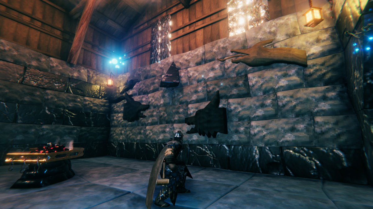 lxthere's tweet photo. #Valheim
ふと、石壁に木彫りの飾りを埋め込むとレリーフっぽくなるというTLが流れてきたのを思い出し、やってみる。
殺風景だった壁が少し賑やかになったかな？ https://t.co/Cf2S84nkIu