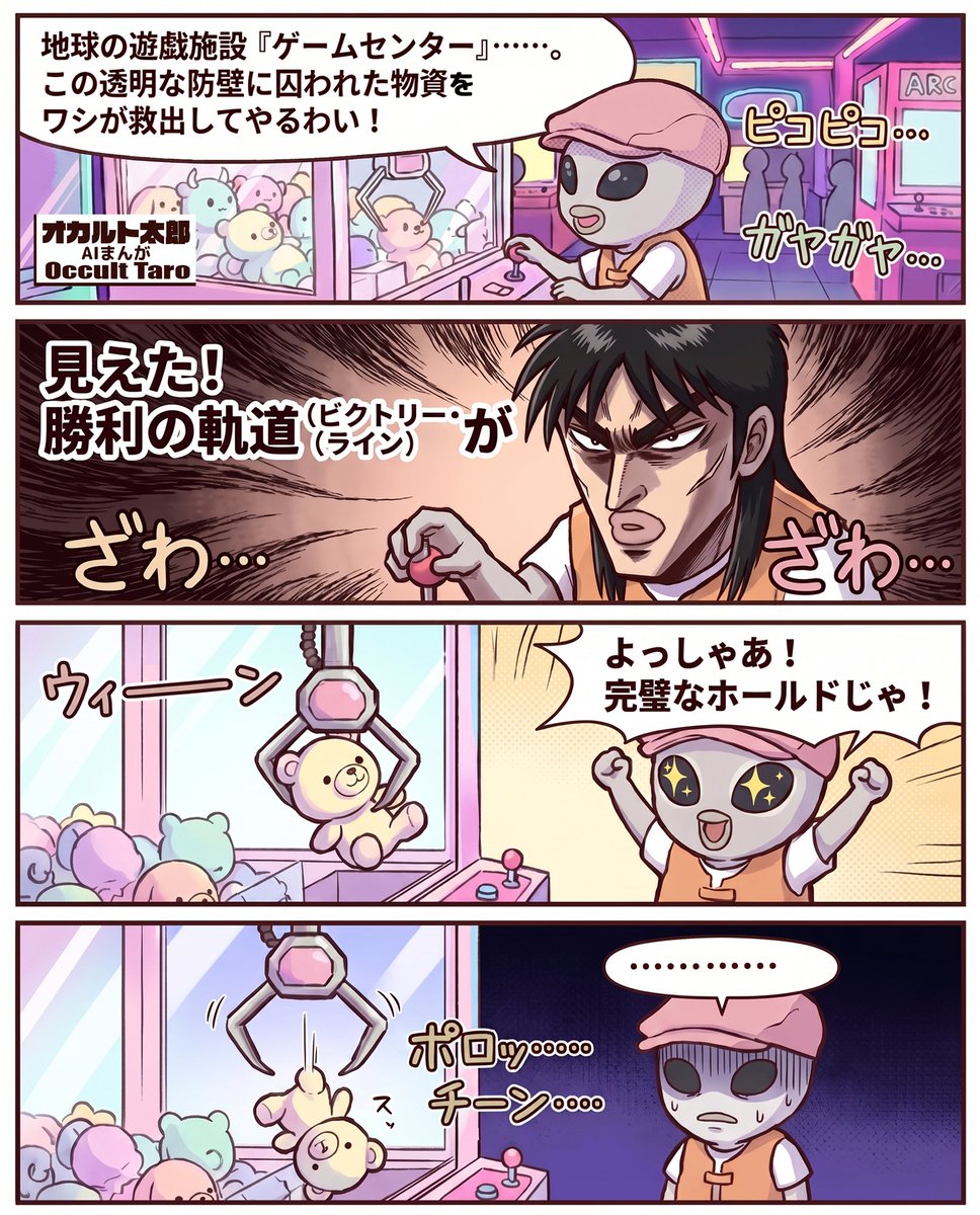 TokyoUnreal's tweet photo. UFOキャッチャーの思い出
AIまんが「オカルト太郎」
＃漫���が読めるハッシュタグ
＃4コマ漫画
#サブカル
あなたの「あるある体験」を教えてください。 https://t.co/EgD4Kvy1mo