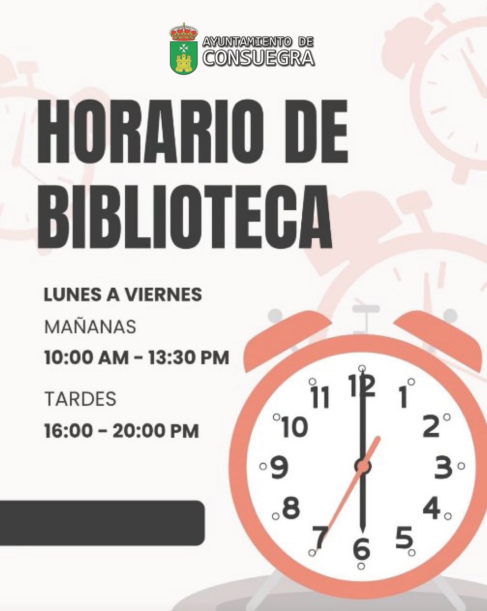 AytoConsuegra's tweet photo. ⏰ HORARIO 📚 BIBLIOTECA MUNICIPAL CONSUEGRA ⏰

🗓️ Lunes a Viernes:
➡️ MAÑANAS 10:00 - 13:30H
➡️ TARDES 16:00 - 20:00H

@bibliotecapublicamunicipal ℹ️
☎️ 925 48 09 43
📧 biblioteca@aytoconsuegr.es https://t.co/7904FSC5WA