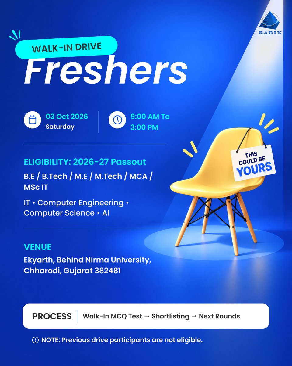 radixweb's tweet photo. Calling all freshers! 🎓

We are hosting a #WalkInDrive for 2026-27 pass-outs with a B.E, https://t.co/Ywgmorlck8, M.E, https://t.co/kxs6pOhedB, MCA or MSc IT background.

Just walk in, take the MCQ test, and if shortlisted, our team will reach out to you for the next round. https://t.co/c4mTy45EVn
