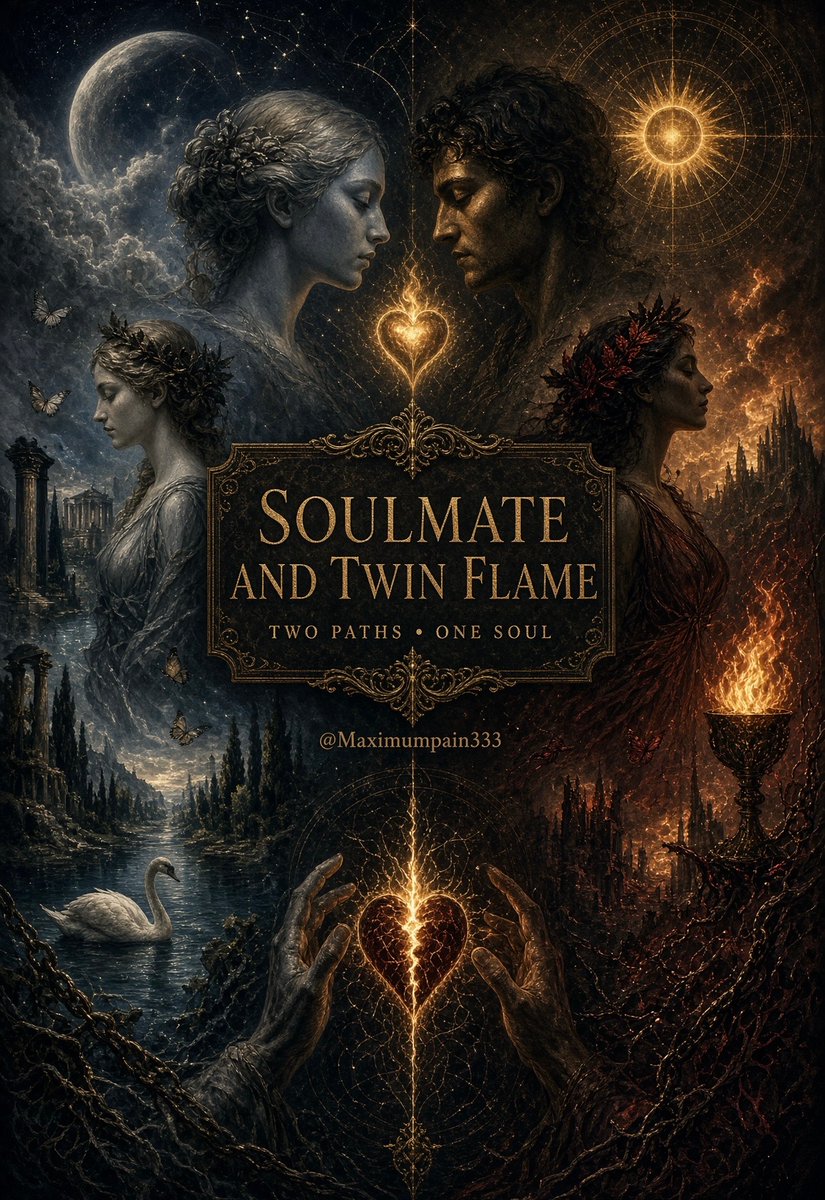 maximumpain333's tweet photo. SOULMATE AND TWIN FLAME

There are meetings that soothe the heart, and there are meetings that split the soul open.

A soulmate arrives like recognition after a long exile. The frequency is familiar. Conversation feels like returning to a language you never forgot. There is ease, warmth, and a sense of having walked beside this being across many veils. A soulmate often reflects what you already are becoming. The union can be gentle, grounding, and deeply human. It teaches belonging. It teaches that love can be a home.

A twin flame is not a home. It is a temple and a furnace.
The twin flame is the other half of the same primordial fire. 

When the two approach one another, the field between them becomes charged. What was hidden is forced into light. What was denied rises. The connection can feel like destiny and destruction in the same breath. Mirrors do not flatter. They reveal. One soul, two vessels, walking toward remembrance through intensity, rupture, longing, and eventual integration.

The soulmate may walk with you in peace.
The twin flame walks with you through the alchemy of becoming whole.
Neither is higher. They serve different initiations. One offers sanctuary. The other offers transmutation. Some souls meet both. Some meet one. Some meet the flame within themselves first, and only then can they recognize the other without devouring or fleeing.

In the deepest mystery there is only One looking through many eyes. Soulmate and twin flame are two names the Infinite uses to call itself home.

When the recognition comes, do not grasp.
Do not run.
Stand in the fire and remember who you were before you forgot.
The union is not the prize.
The awakening is.