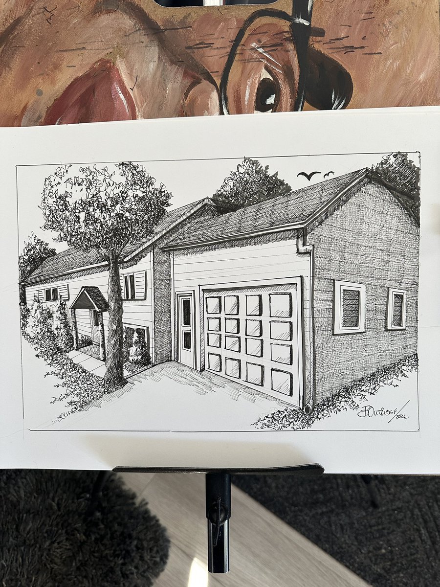 BruceAOutridge's tweet photo. Went back to the pen and ink days on this one. Nice to sit outside and create this gift for my Sister in Law while in Quebec. #penandinkart #drawinghomes #bruceoutridgeproductions https://t.co/nOWHrWziea