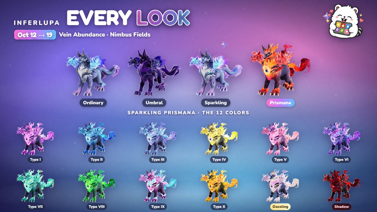 irissia06's tweet photo. Prismana Inferlupa arrives October 12! Every Inferlupa look in 3D: Ordinary, Umbral, Sparkling, Prismana, and the 12 Sparkling Prismana colors. Which one are you hunting?

Where and when: https://t.co/5ekzKMkpr1

#Aniimo #Inferlupa https://t.co/Z0815O2M6f
