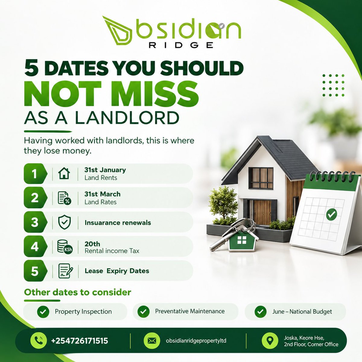 obsidian_ridge's tweet photo. Having interacted with many landlords, I’ve seen one common mistake: they lose money by ignoring these important property dates.

Some dates may look ordinary, but missing them can quietly cost you thousands.

#obsidianridgepropertymanagement https://t.co/XlWaAxHuUQ