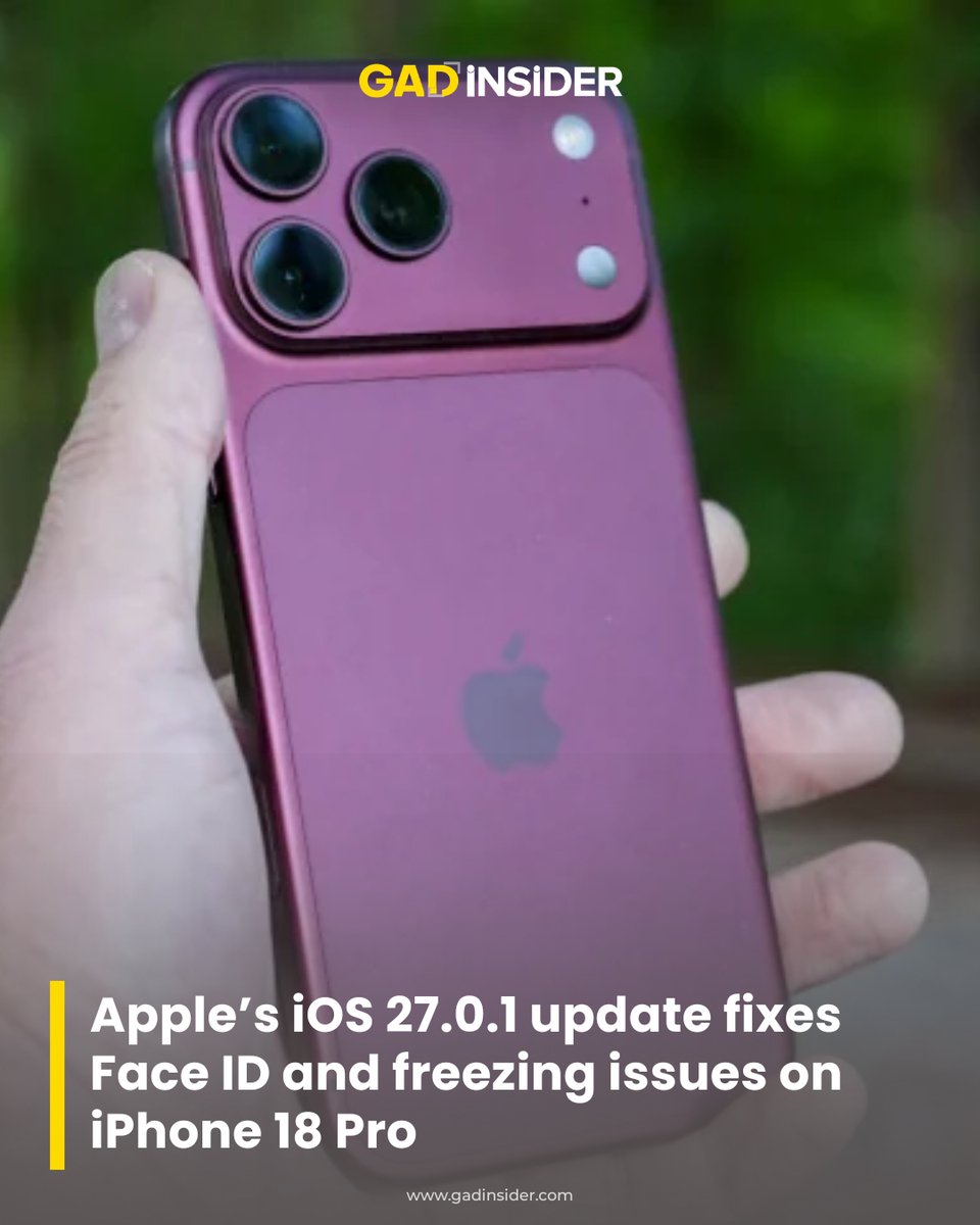 Gadinsidernews's tweet photo. Apple’s iOS 27.0.1 fixes Face ID restart bugs, camera color issues and screen freezing on iPhone 18 Pro.
#Apple #iOS27 #iPhone18Pro #FaceID #Gadinsider https://t.co/G4muOOBBfu