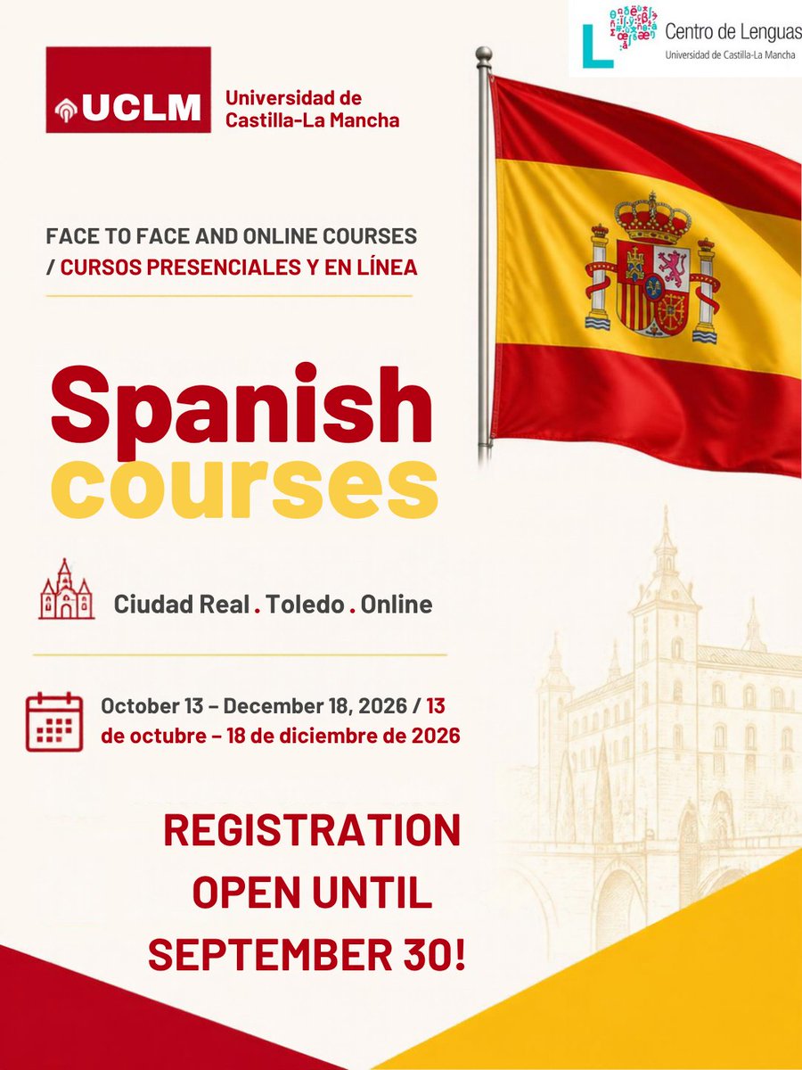 cel_uclm's tweet photo. 🇪🇸📚 Last days to enrol in Spanish courses!

Would you like to improve your Spanish, communicate with greater confidence and discover the Spanish language and culture? 🗣️🌍

Don’t miss the opportunity to learn Spanish at @uclm_es ✨

ℹ️https://t.co/5bJfTyPYiK

@uclm_inter https://t.co/qt4UAar33A