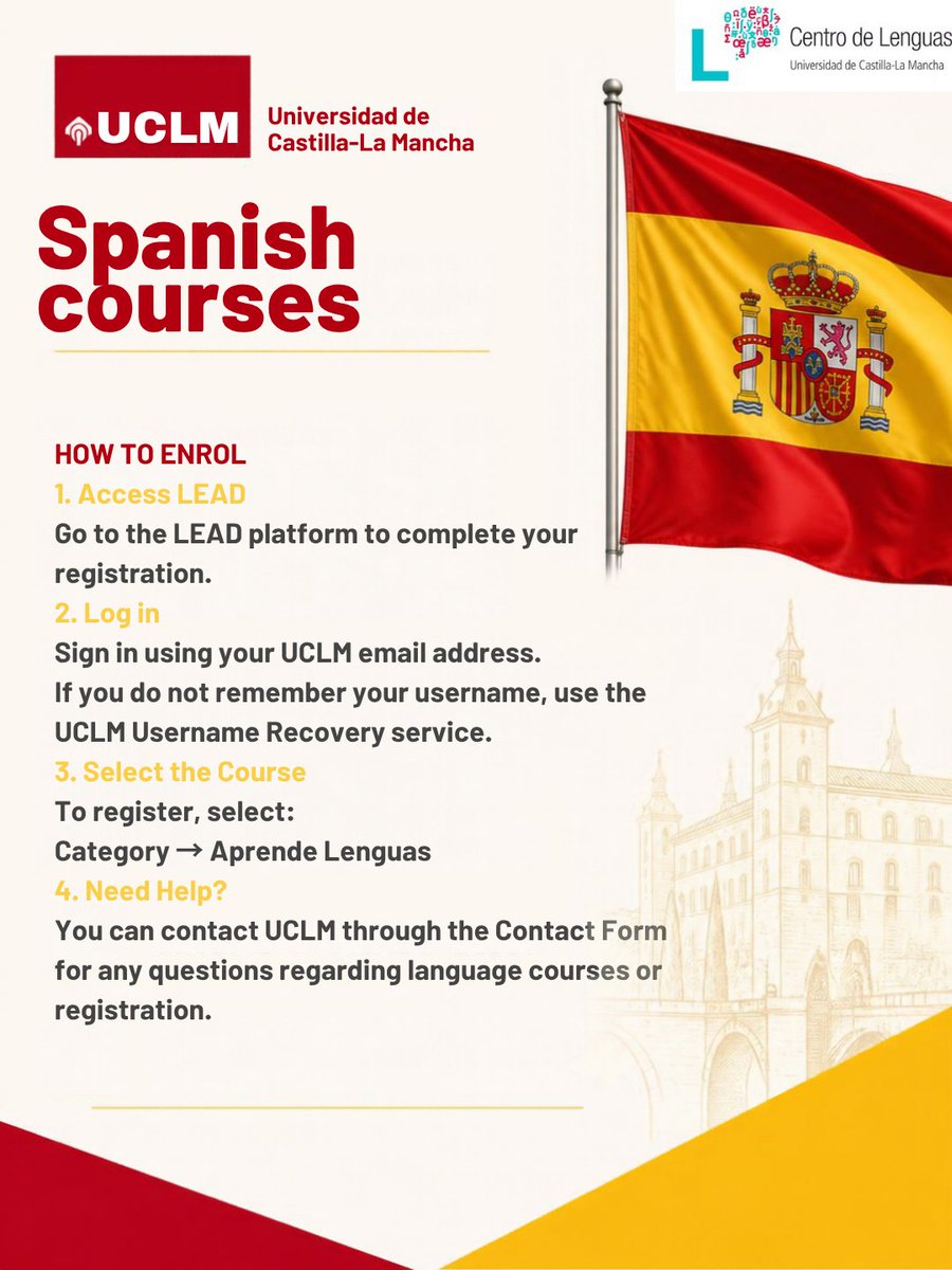 cel_uclm's tweet photo. 🇪🇸📚 Last days to enrol in Spanish courses!

Would you like to improve your Spanish, communicate with greater confidence and discover the Spanish language and culture? 🗣️🌍

Don’t miss the opportunity to learn Spanish at @uclm_es ✨

ℹ️https://t.co/5bJfTyPYiK

@uclm_inter https://t.co/qt4UAar33A